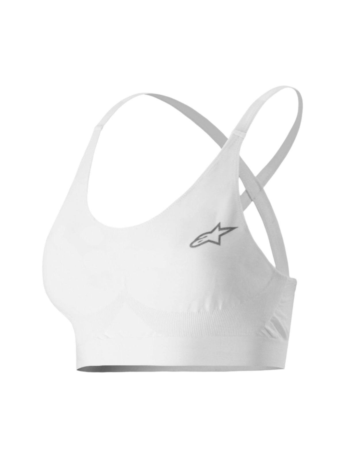 Alpinestars Stella TECH ZX Bra, damska bielizna termoaktywna do motorsportu, biała, z małym szarym logo gwiazdy, lekka trudnopalna tkanina LENZING™ FR, cienkie ramiączka i podtrzymująca taśma, do profesjonalnych wyścigów samochodowych