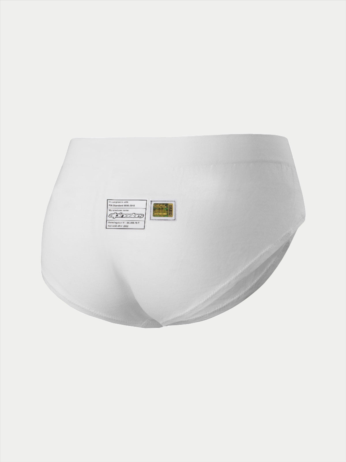 Alpinestars Stella TECH ZX Briefs, damska bielizna wyścigowa, białe, widok z tyłu z etykietami certyfikacyjnymi FIA 8856-2018 i brandingiem Alpinestars, lekka i ognioodporna warstwa bazowa do sportów motorowych