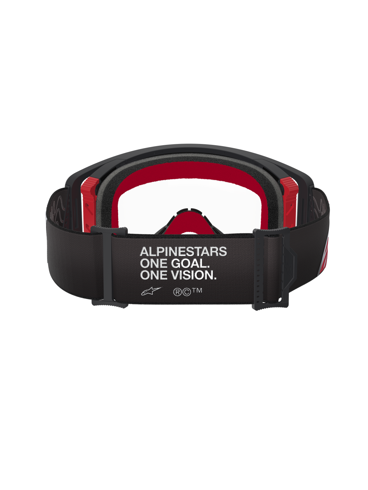 Alpinestars Supertech Corp Goggles, gogle motocrossowe, czarno-czerwone z przezroczystą soczewką, widok z tyłu ukazujący szeroki czarny pasek z białym napisem „ALPINESTARS ONE GOAL. ONE VISION.”, wielowarstwowa pianka i czerwone akcenty oprawki