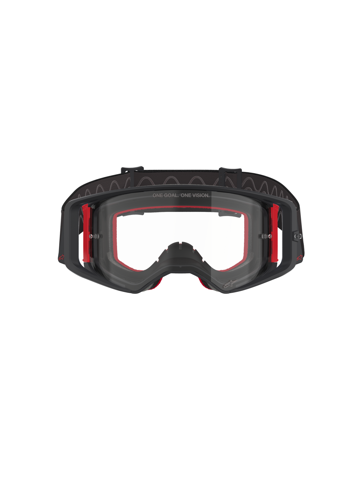 Gogle Alpinestars Supertech Corp, gogle motocrossowe, czarno-czerwone z przezroczystą szybką, widok z przodu, przezroczysta soczewka z napisem „ONE GOAL. ONE VISION.”, czarna oprawka z czerwonymi bocznymi akcentami, szerokie pole widzenia, wytrzymały pasek z falistym silikonowym wykończeniem