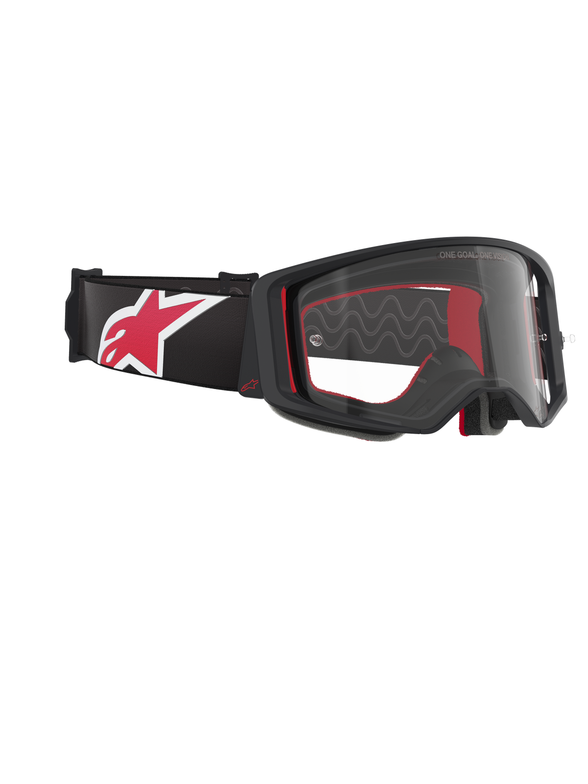 Gogle Alpinestars Supertech Corp, gogle motocrossowe, czarno-czerwone z przezroczystą szybką, widok pod kątem prezentujący przezroczystą soczewkę i czarną oprawkę, czerwona wyściółka wewnętrzna, czarny pasek z dużym czerwono-białym logo Alpinestars, profesjonalna ochrona oczu off-road