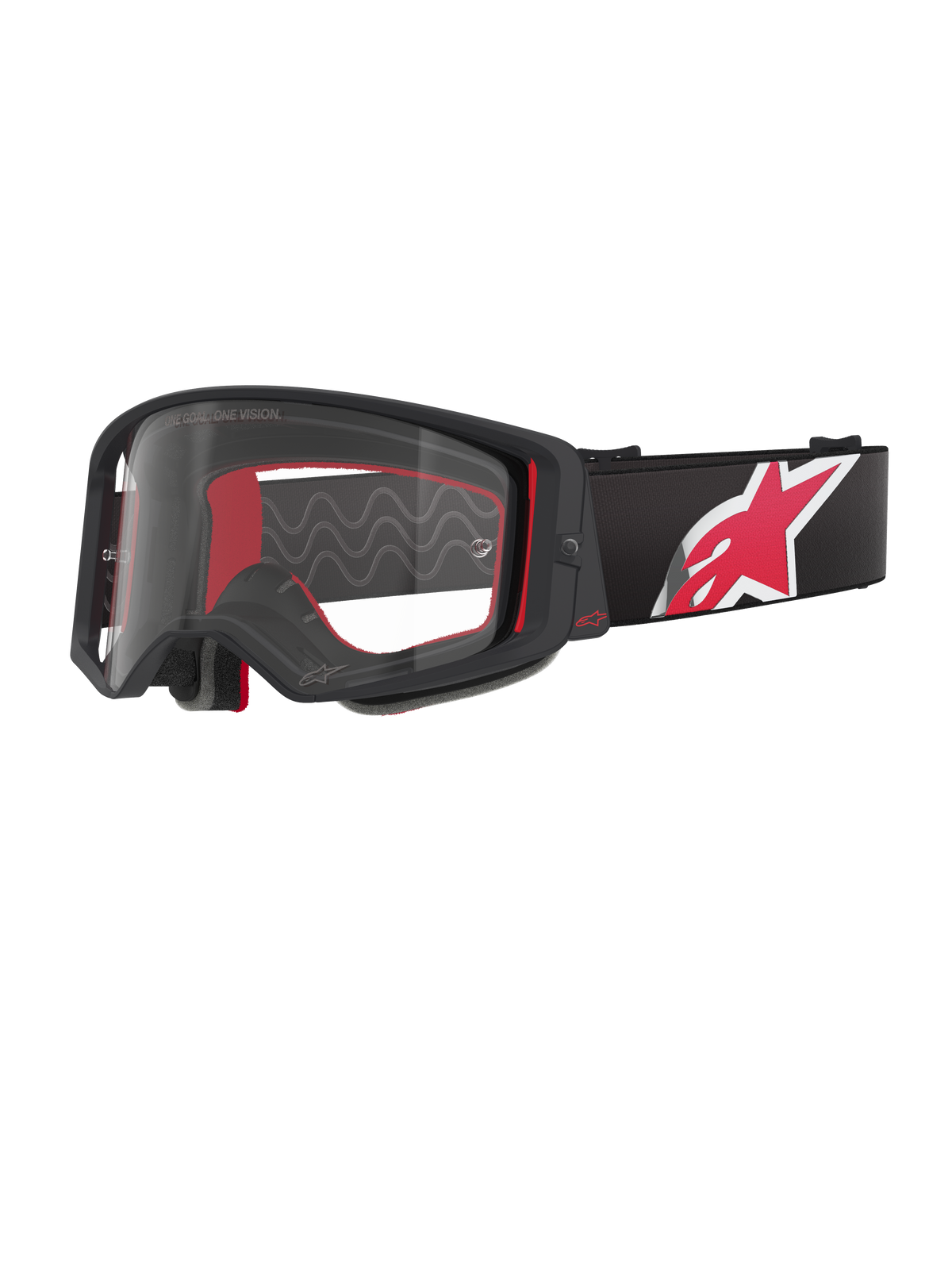 Gogle Alpinestars Supertech Corp, czarno-czerwona oprawka z przezroczystą soczewką, czarny regulowany pasek z dużym czerwono-białym logo gwiazdy, profesjonalne gogle motocrossowe zaprojektowane do wyścigów off-road