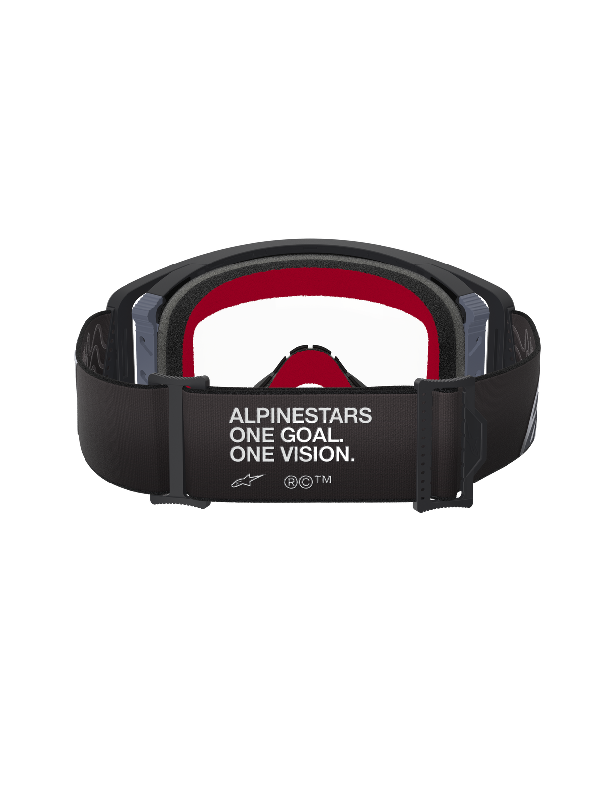Alpinestars Supertech Corp Goggles, Motocross Goggles, Black and Grey frame with Clear lens, rear view featuring black strap with 'ALPINESTARS ONE GOAL. ONE VISION.' slogan and red internal face foam