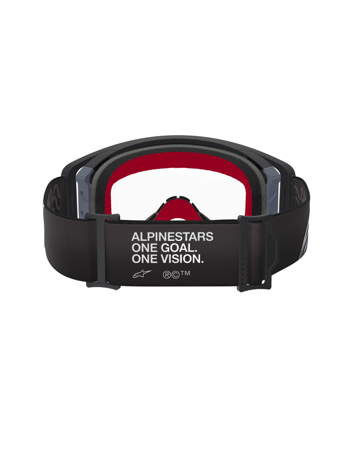Gogle Alpinestars Supertech Corp, czarno-szare, widok z tyłu przedstawiający szeroki czarny pasek z białym napisem „ALPINESTARS ONE GOAL. ONE VISION.”, czerwoną piankę wewnętrzną oraz przezroczystą szybkę, wysokiej klasy gogle motocrossowe