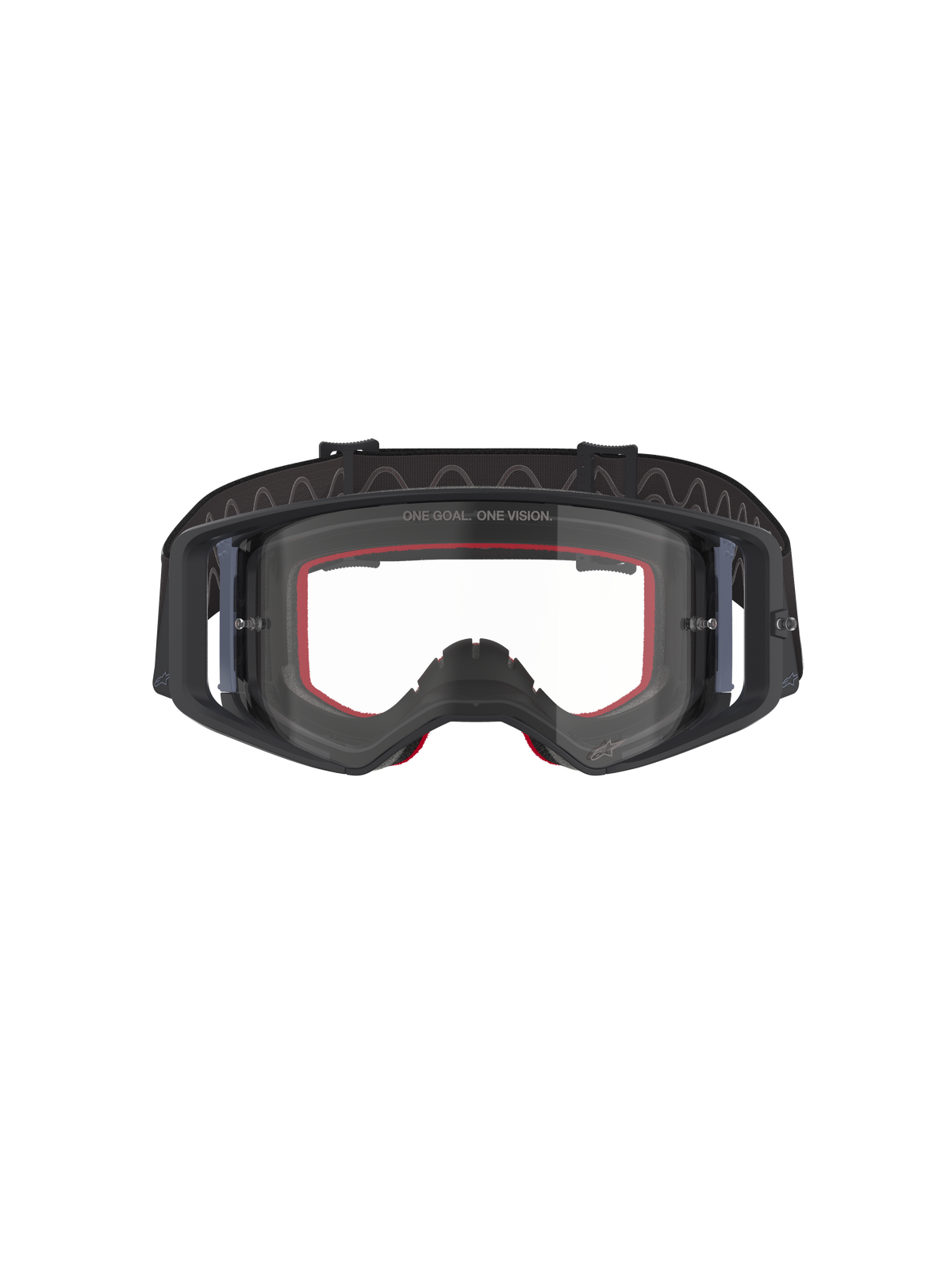 Gogle Alpinestars Supertech Corp, gogle motocrossowe, czarno-szare z przezroczystą soczewką, widok z przodu z czerwoną wewnętrzną pianką i szerokim czarnym regulowanym paskiem, wysokowydajne gogle off-road