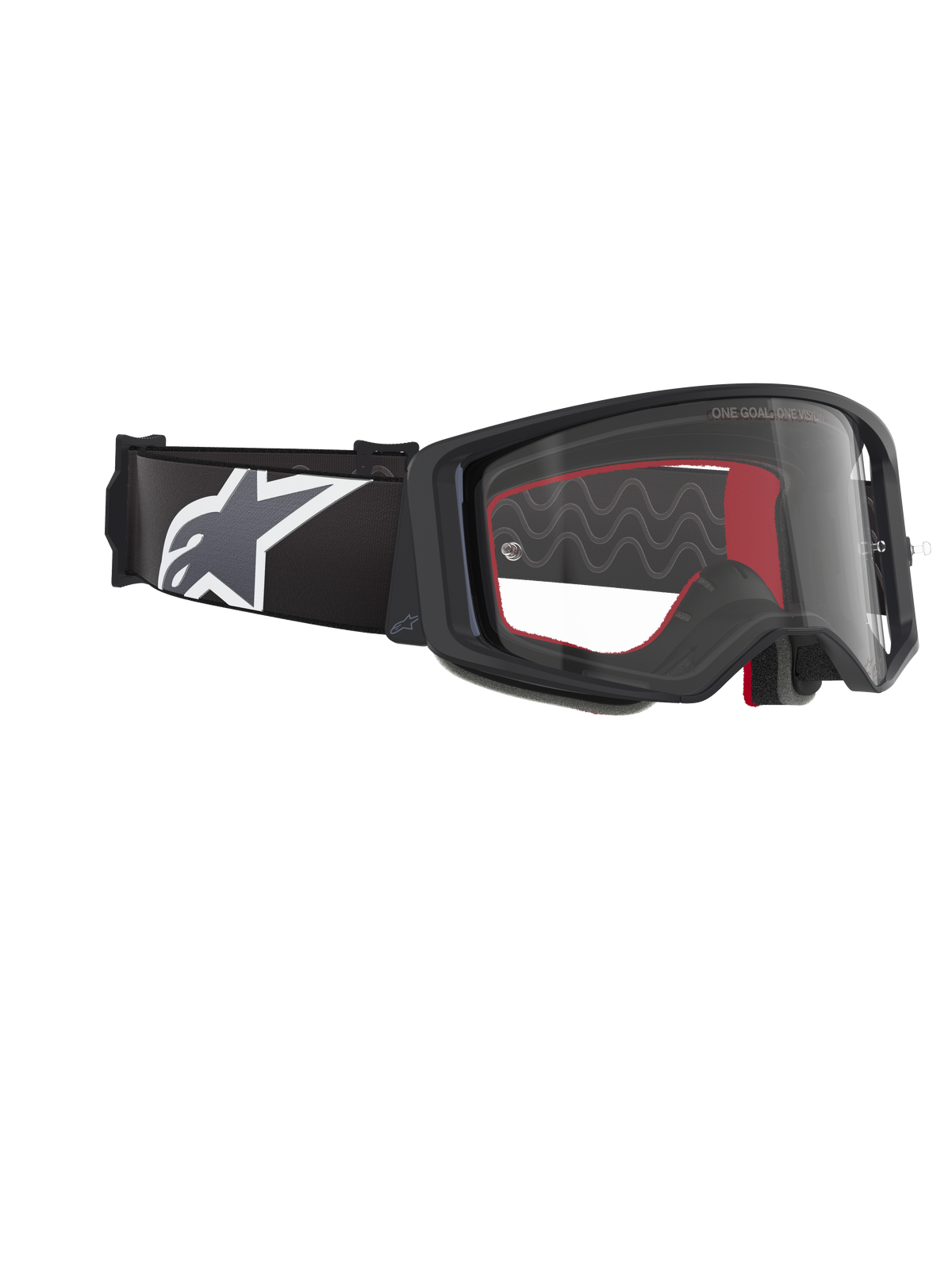 Alpinestars Supertech Corp Goggles, gogle motocrossowe, czarno-szaro-przezroczyste, przezroczysta soczewka z poliwęglanu, szeroki czarny pasek z szaro-białym logo Astars, trójwymiarowa formowana pianka do twarzy, wysokiej klasy ochronne gogle do wyścigów off-road