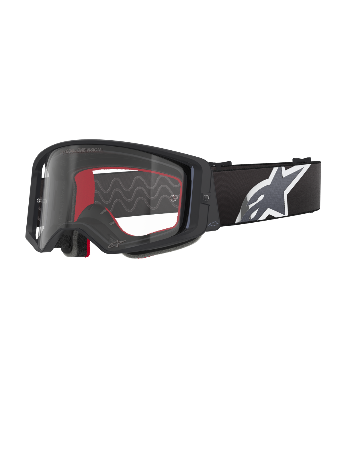 Gogle Alpinestars Supertech Corp, gogle motocrossowe, czarno-szare z przezroczystą szybką, przezroczysta soczewka z poliwęglanu, czarna oprawka, czerwona wewnętrzna pianka, szeroki regulowany pasek z dużym biało-szarym logo Astars, ochronne gogle off-road