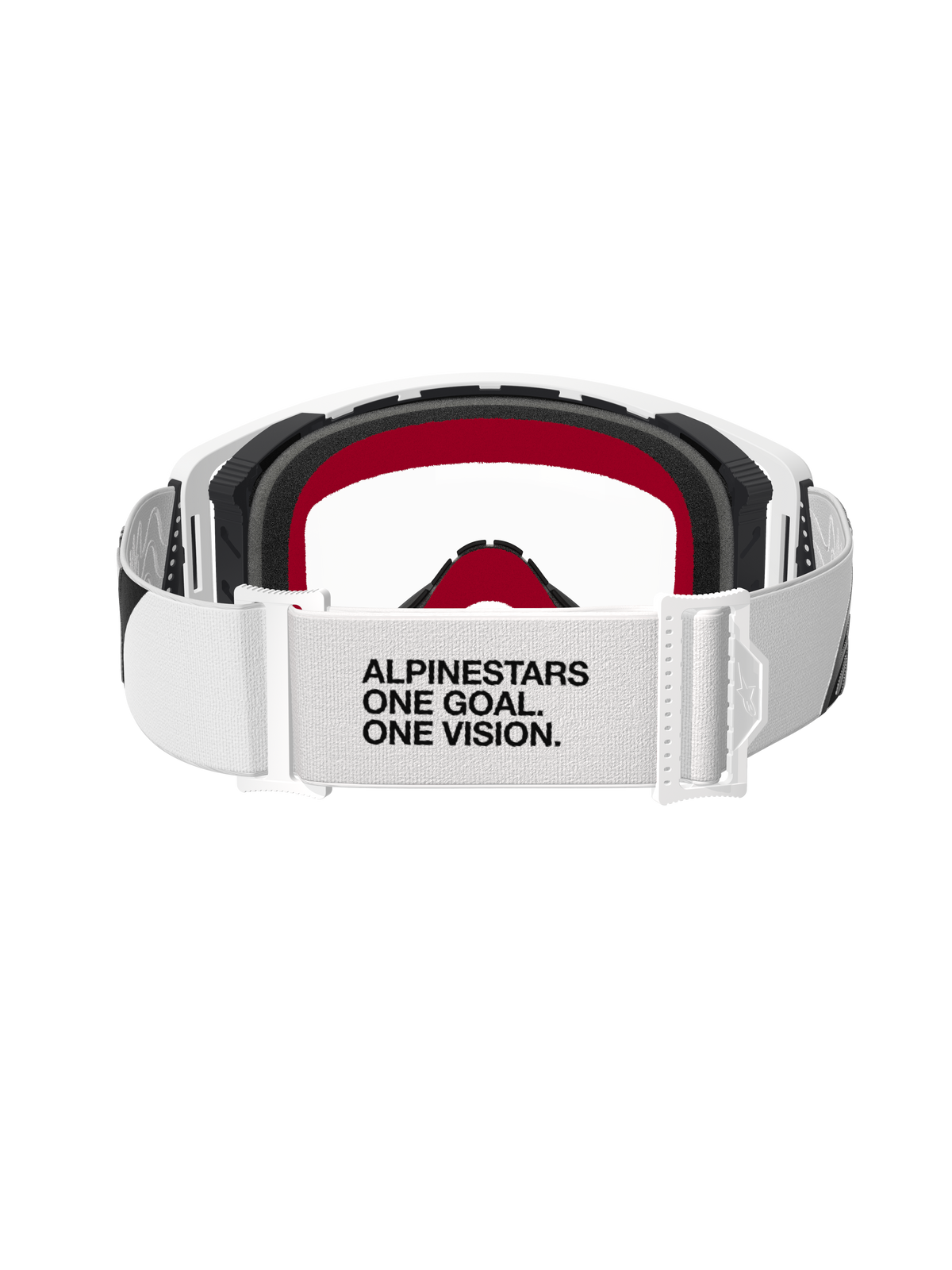 Alpinestars Supertech Corp Goggles, gogle motocrossowe, biała oprawka z przezroczystą soczewką, widok z tyłu przedstawiający biały regulowany pasek z czarnym napisem „ALPINESTARS ONE GOAL. ONE VISION.”, czarna pianka z czerwonymi akcentami, wysokiej klasy ochronne gogle terenowe