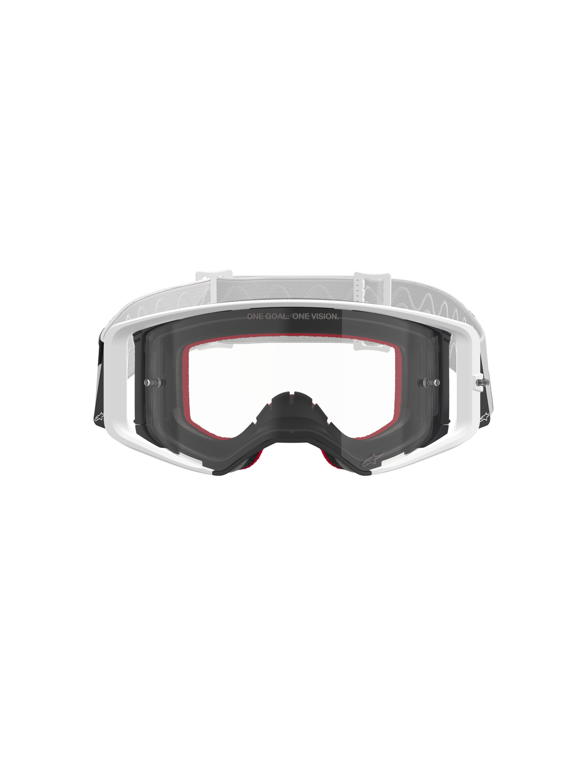 Gogle Alpinestars Supertech Corp, gogle motocrossowe, białe z przezroczystą szybką, biały i jasnoszary regulowany pasek, napis „ONE GOAL. ONE VISION.” na szybce, czerwone akcenty na piance, wysokiej jakości sprzęt ochronny do wyścigów terenowych