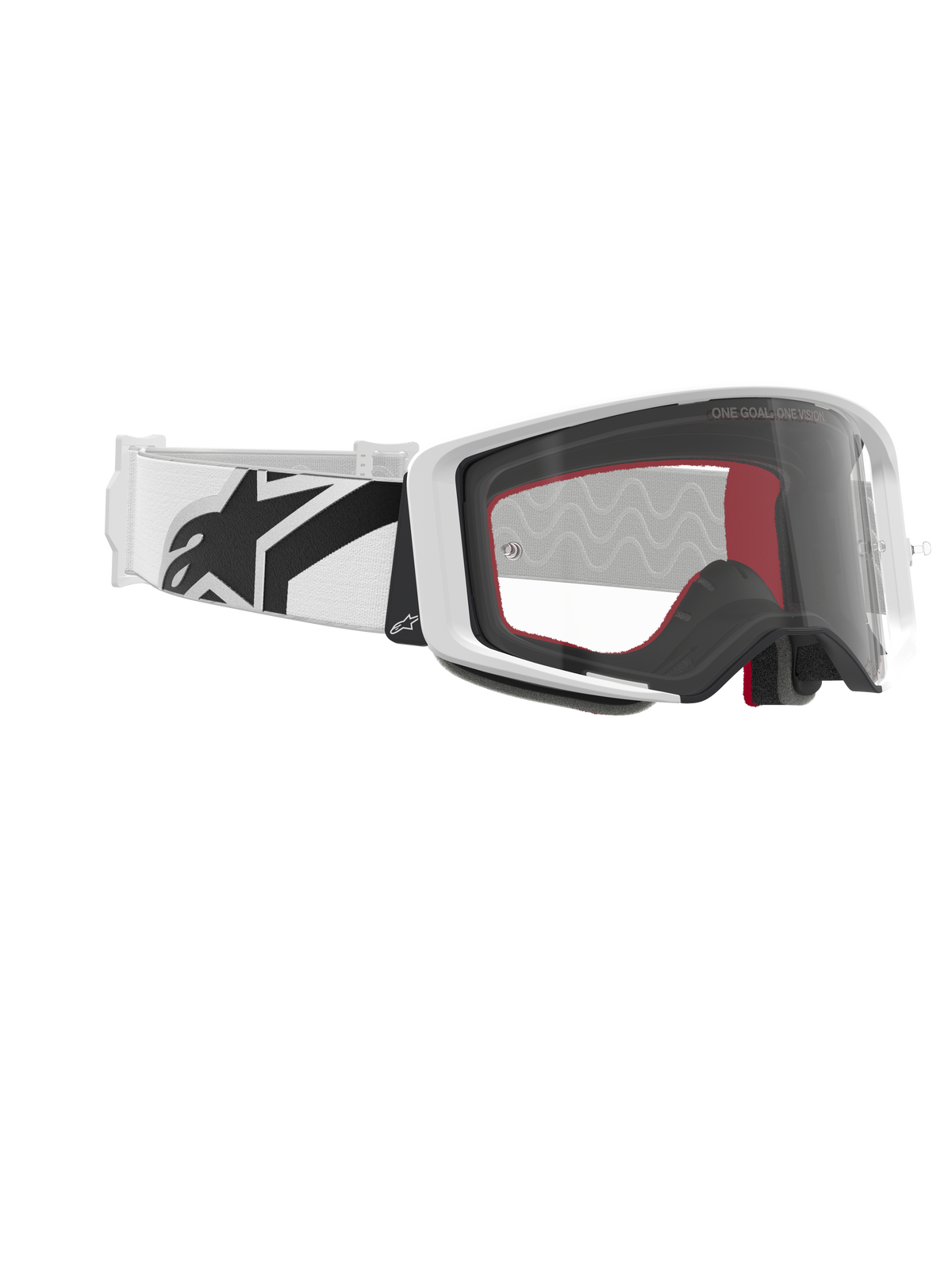 Gogle Alpinestars Supertech Corp, gogle motocrossowe, białe i przezroczyste, biały pasek z dużym czarnym logo Alpinestars, przezroczysta soczewka formowana wtryskowo, biała ramka z podwójnym wtryskiem, wyczynowe gogle do wyścigów off-road