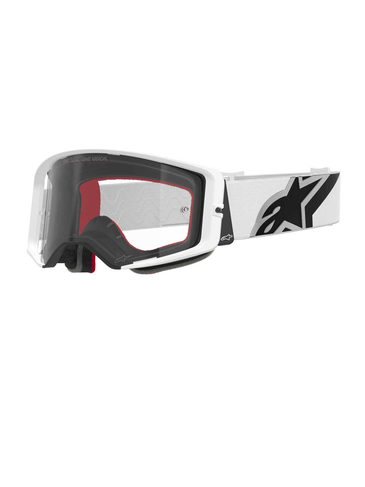 Gogle Alpinestars Supertech Corp, gogle motocrossowe, białe i przezroczyste, biała oprawka z przezroczystą poliwęglanową soczewką, biały pasek z wyraźnym czarnym logo Alpinestars, czerwono-czarna wielowarstwowa pianka