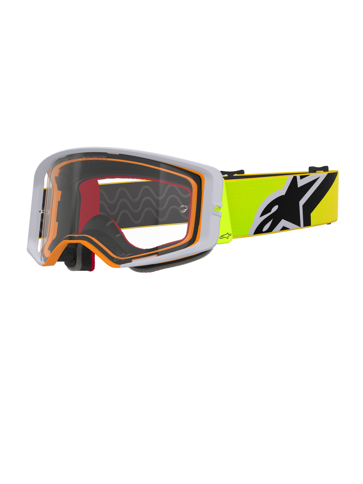 Alpinestars Supertech Corp Goggles, Motocross Goggles, Fluo Yellow Grey Clear, grey outer frame with orange inner seal, clear lens, bright yellow strap with black and white Alpinestars logo, high-performance eyewear for off-road racing