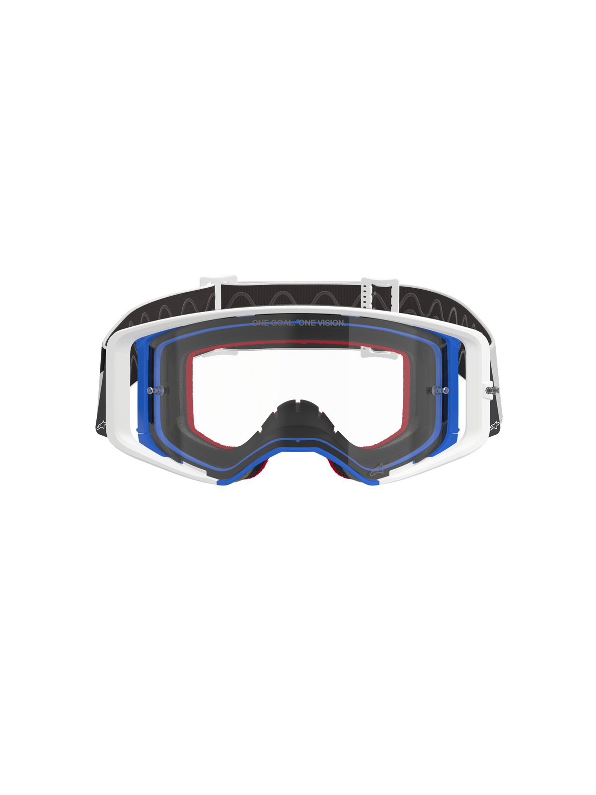 Alpinestars Supertech Corp Goggles, gogle motocrossowe, niebiesko-biało-pomarańczowe z przezroczystą szybką, czarny pasek z białym logo, profesjonalne gogle do wyścigów off-road z szerokim polem widzenia i konstrukcją z podwójnie wtryskiwaną ramką