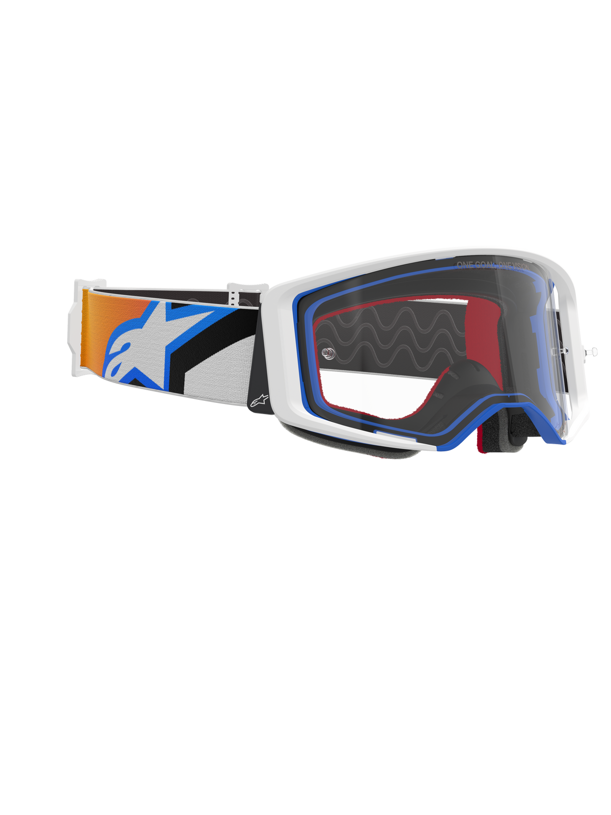 Gogle Alpinestars Supertech Corp, gogle motocrossowe, niebieskie, pomarańczowe i przezroczyste, widok z boku ukazujący przezroczystą szybkę, biała oprawka z niebieskimi i czerwonymi akcentami, szeroki pasek z pomarańczową i niebieską grafiką oraz dużym białym logo Alpinestars