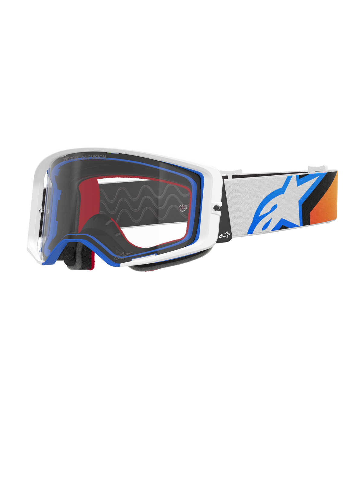 Gogle Alpinestars Supertech Corp, gogle motocrossowe, niebieskie, pomarańczowe i białe, przezroczysta soczewka z białą ramką i niebieskimi akcentami, szeroki pasek z logo gwiazdy Alpinestars i silikonowym uchwytem, wysokiej klasy gogle ochronne do wyścigów terenowych