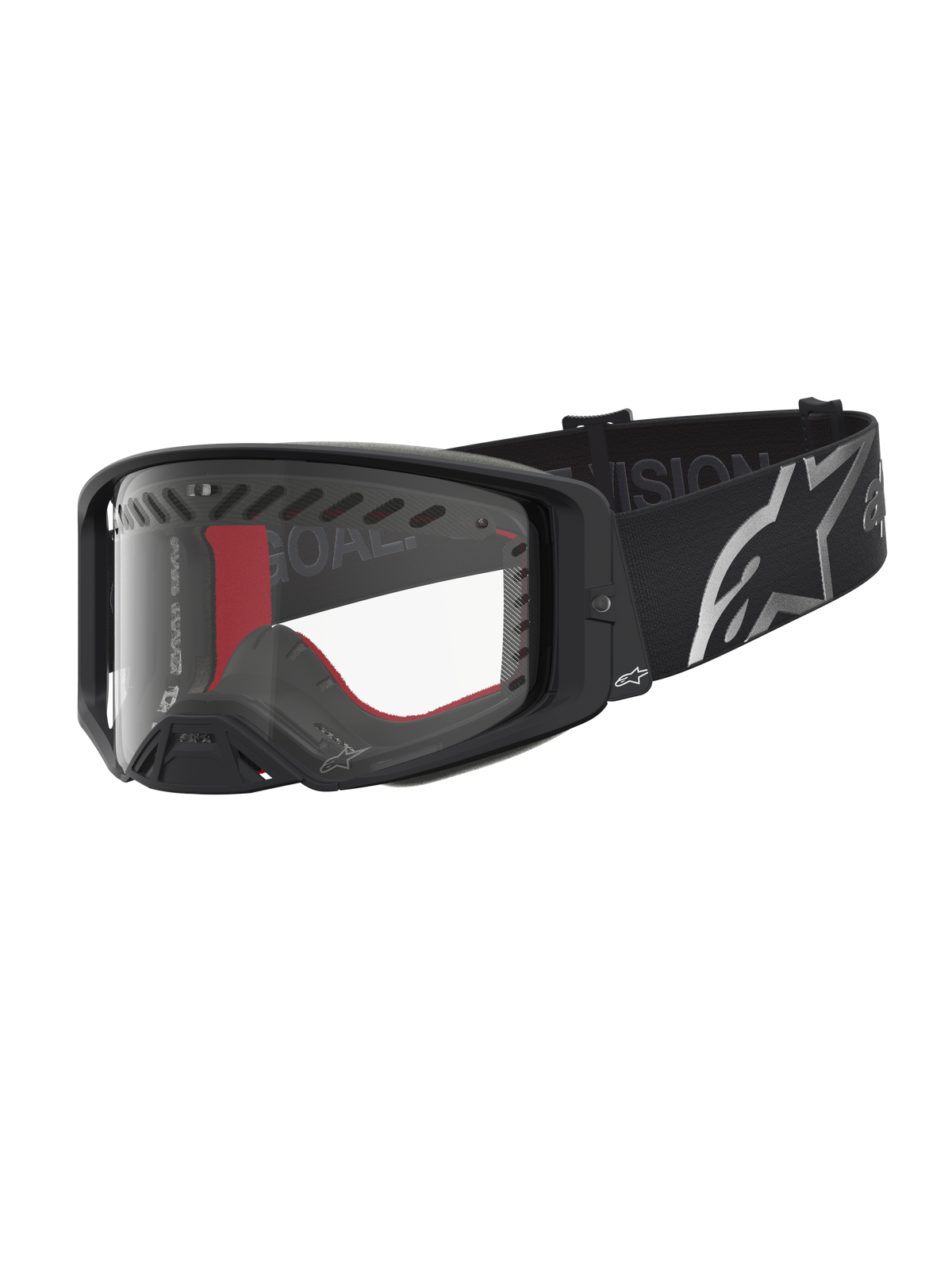 Gogle Alpinestars Supertech Dura Air Fluid, czarne i srebrne gogle motocrossowe, przezroczysta soczewka i szeroki pasek.