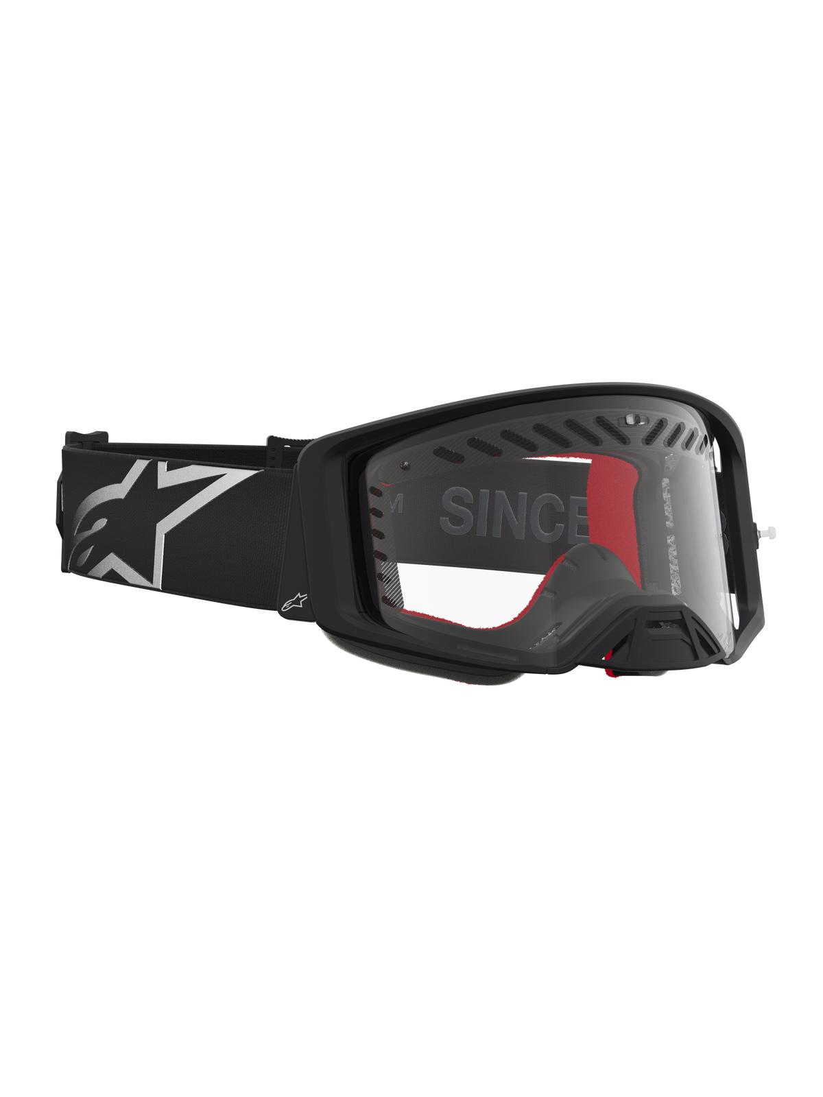 Alpinestars Supertech Dura Air Fluid, gogle motocrossowe MX, czarne i srebrne, przezroczysta soczewka z poliwęglanu, wentylowana rama i czarny pasek z logo Astars.