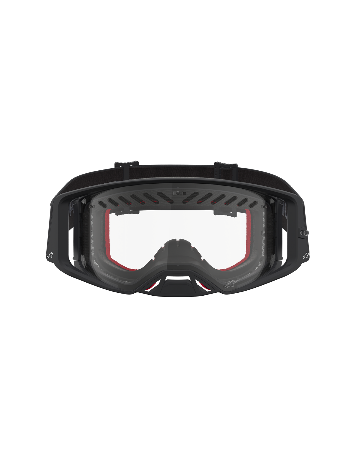 Gogle Alpinestars Supertech Dura Air Fluid, czarno-czerwone gogle motocrossowe z przezroczystą soczewką i wentylowaną ramą.