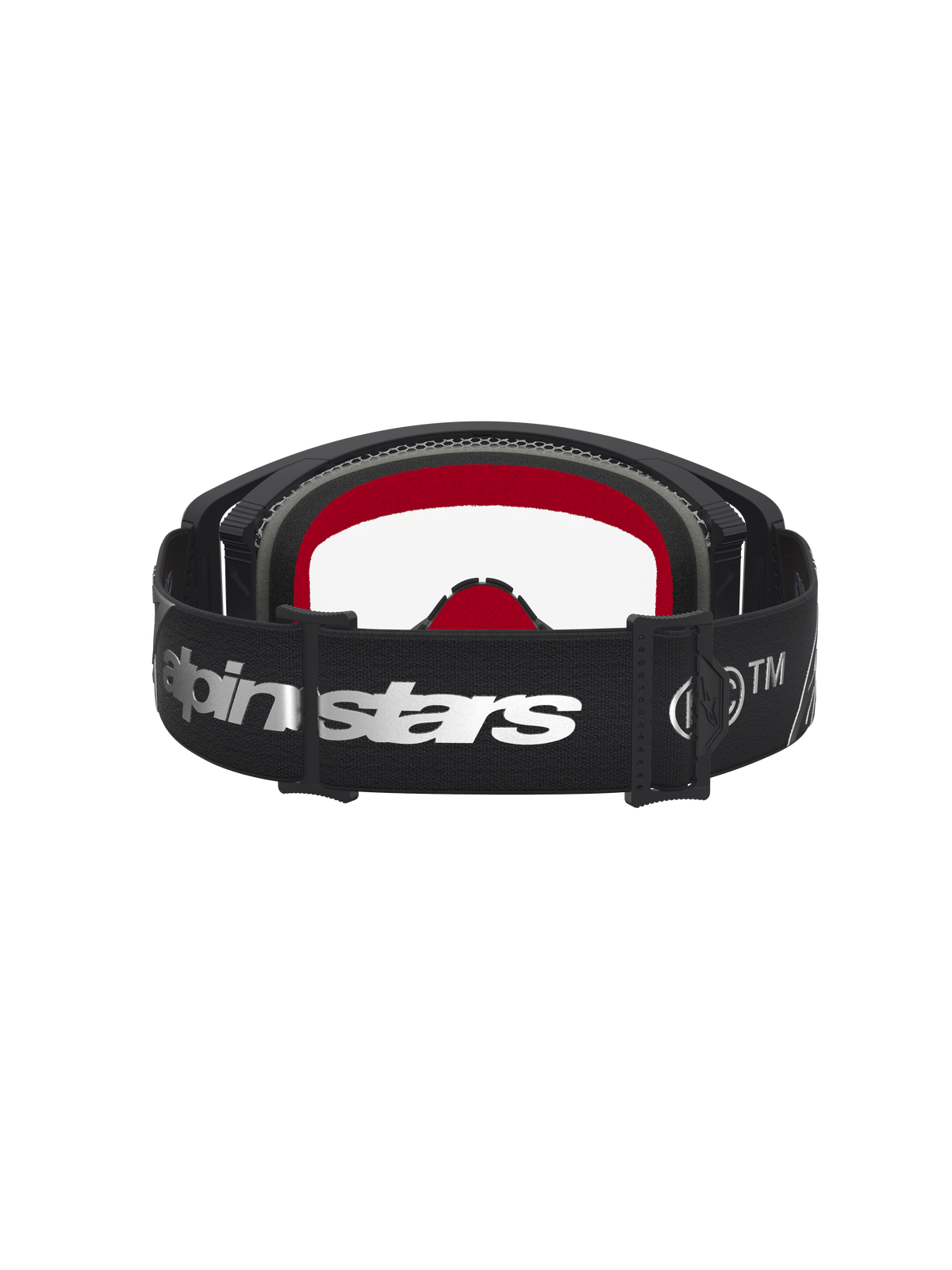 Gogle Alpinestars Supertech Dura Air Fluid, czarno-srebrne gogle motocrossowe, czerwona wyściółka, przezroczysta soczewka