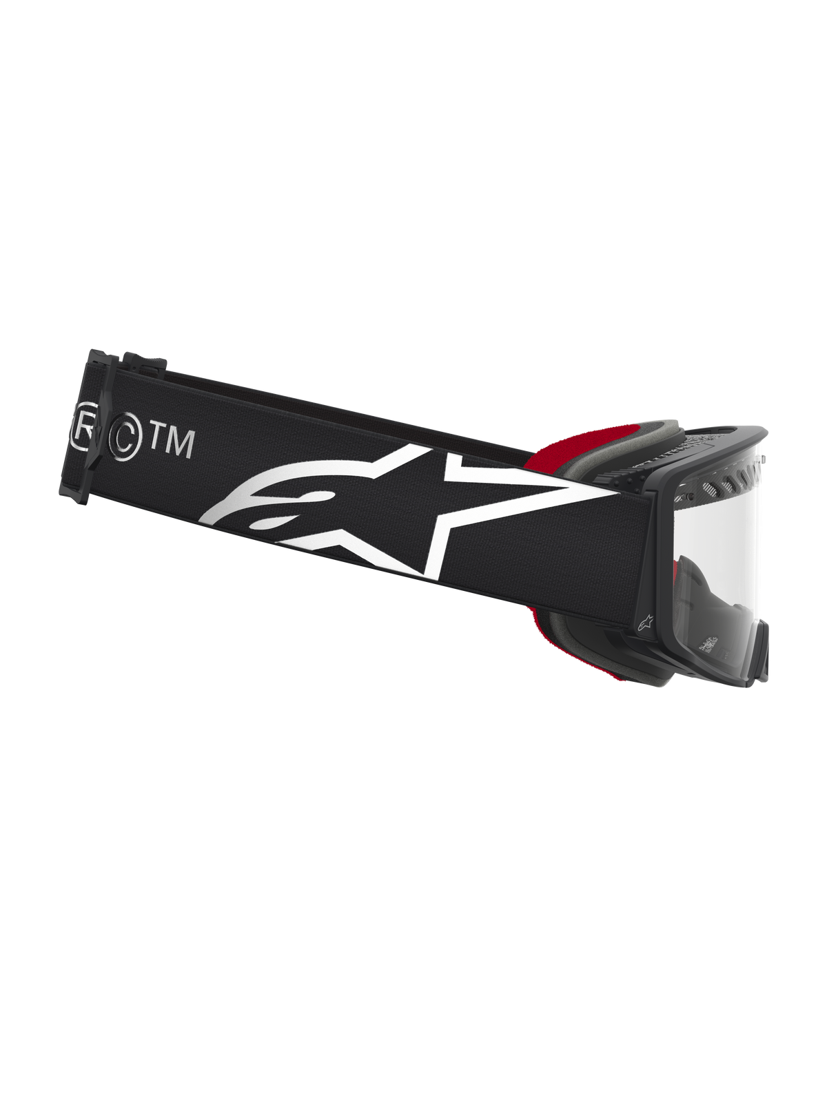 Gogle Alpinestars Supertech Dura Air Fluid, gogle motocrossowe, czarne i srebrne, przezroczysta soczewka, pasek z logo.