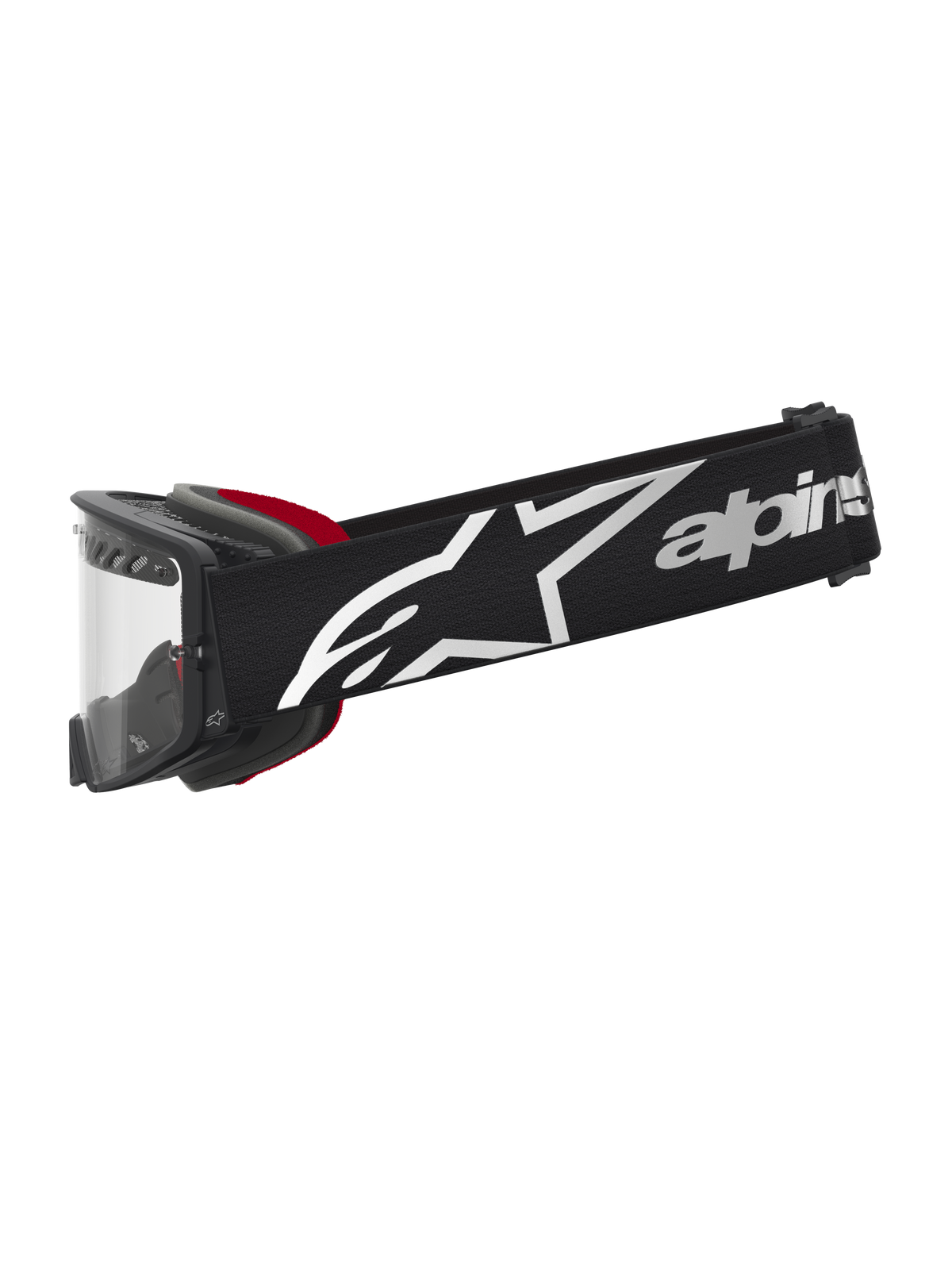 Alpinestars Supertech Dura Air Fluid, czarne gogle motocrossowe z przezroczystą soczewką, srebrnym logo i czerwoną wyściółką.