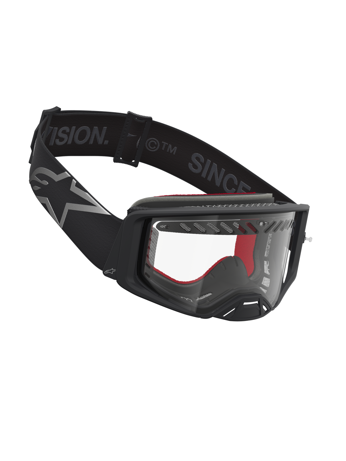 Gogle Alpinestars Supertech Dura Air Fluid, czarne i srebrne, gogle motocrossowe z przezroczystą soczewką poliwęglanową.