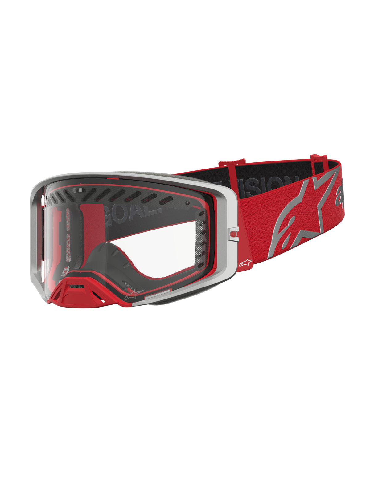 Alpinestars Supertech Dura Air Fluid, gogle motocrossowe wyścigowe, czerwone i srebrne, przezroczysta soczewka z poliwęglanu
