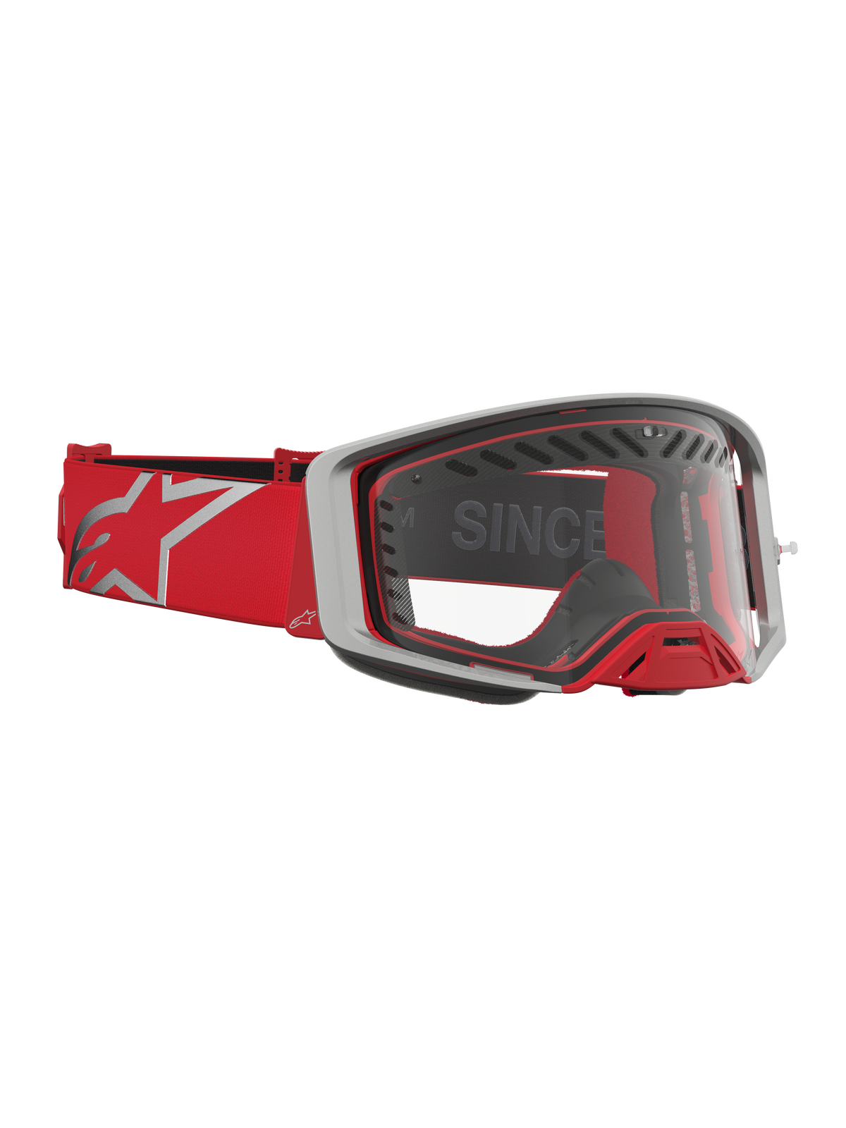 Alpinestars Supertech Dura Air Fluid, gogle motocrossowe, czerwone i srebrne, przezroczysta soczewka, zaawansowana wentylacja