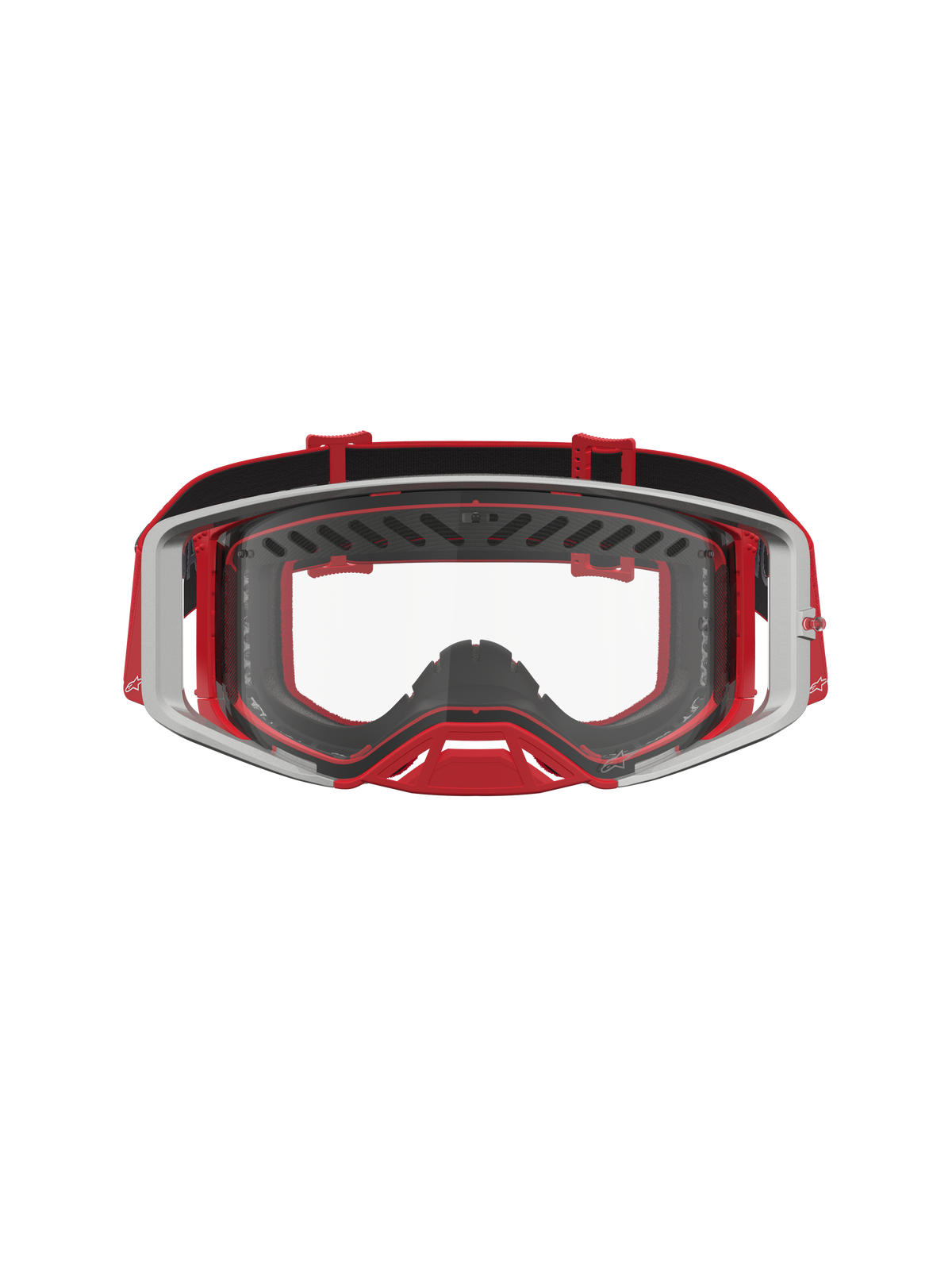 Gogle Alpinestars Supertech Dura Air Fluid, profesjonalne gogle motocrossowe, czerwone i srebrne, przezroczysta soczewka.