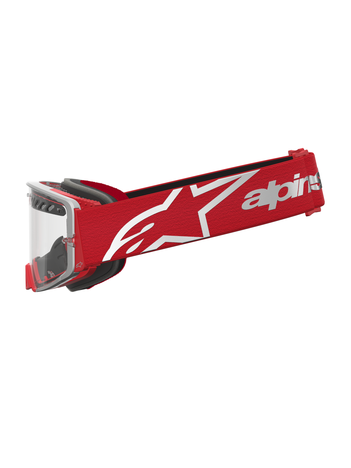 Alpinestars Supertech Dura Air Fluid, gogle motocrossowe wyścigowe, czerwone i srebrne, przezroczysta szybka, czerwony pasek z białym logo.