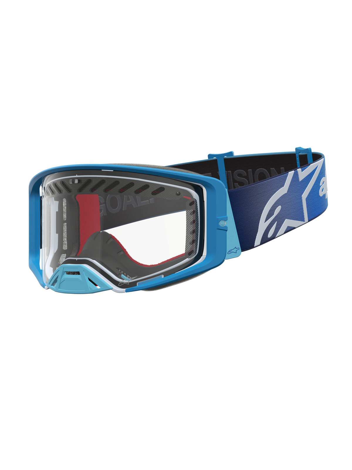 Gogle Alpinestars Supertech Dura Air Fluid, niebieskie i srebrne gogle motocrossowe, przezroczysta soczewka, jazda off-road.