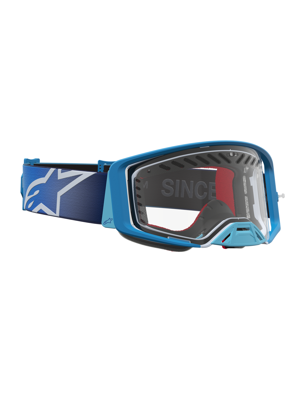 Alpinestars Supertech Dura Air Fluid, gogle motocrossowe, niebieskie i srebrne, przezroczysta soczewka, wentylowana rama.