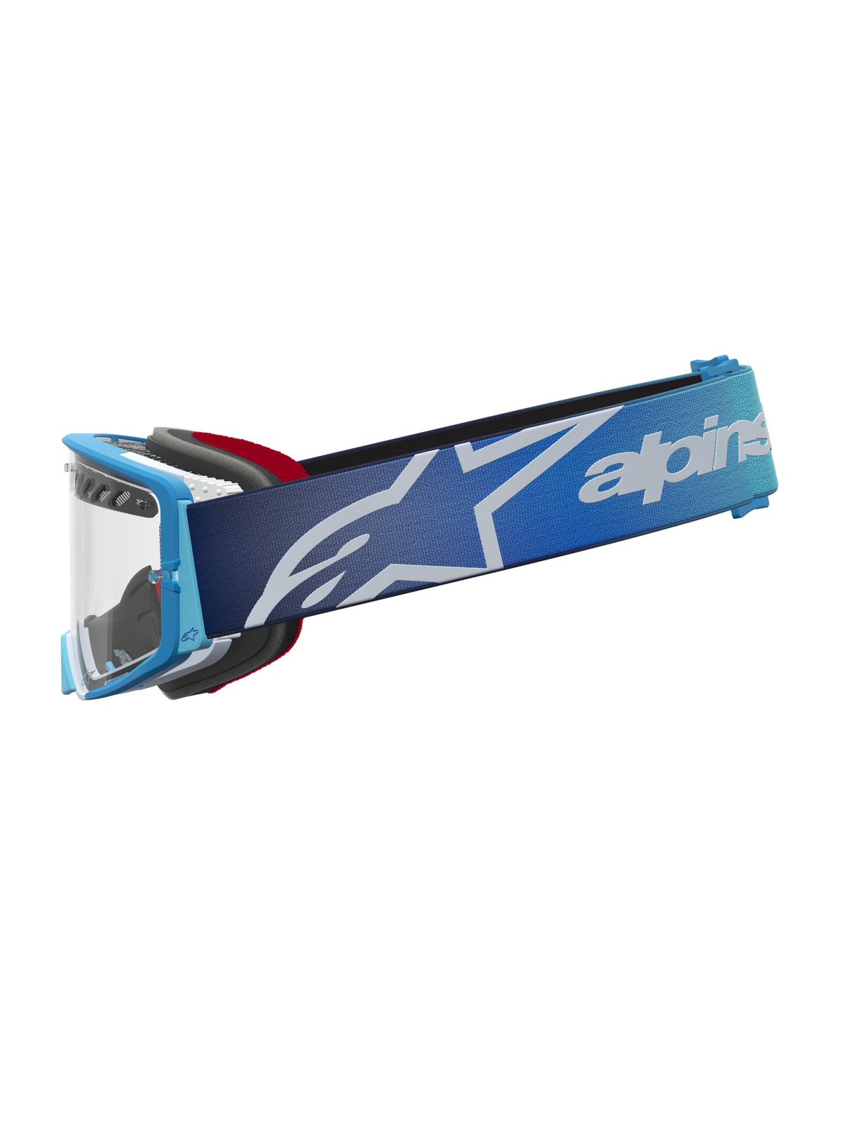Gogle Alpinestars Supertech Dura Air Fluid, niebieskie gogle motocrossowe, srebrna przezroczysta soczewka i markowy pasek