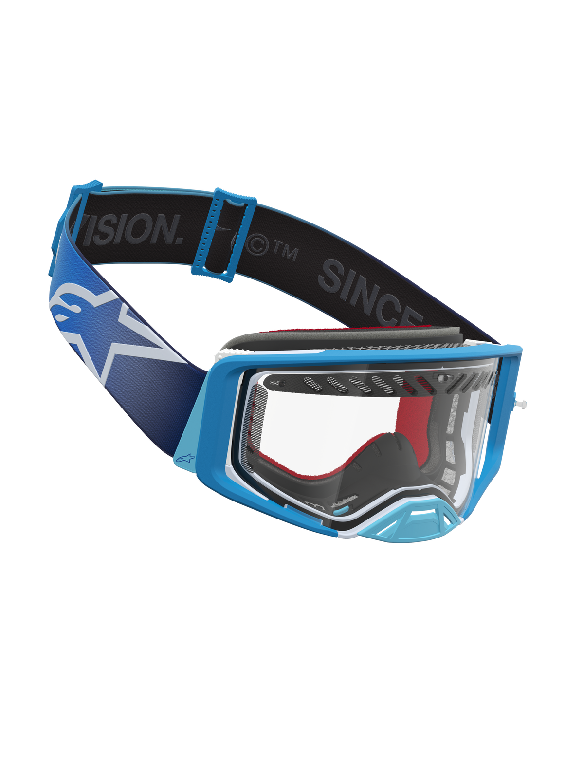Gogle Alpinestars Supertech Dura Air Fluid, niebieskie i białe, przezroczysta szybka z poliwęglanu, do wyścigów motocross.