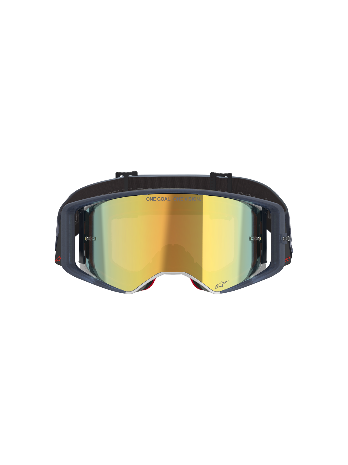 Alpinestars Supertech Vision Vista Goggles, gogle motocrossowe, Black Mirror Gold, widok z przodu z lustrzaną złotą szybką i ciemną oprawką, profesjonalne gogle wyścigowe off-road z napisem "ONE GOAL. ONE VISION." i detalami logo.