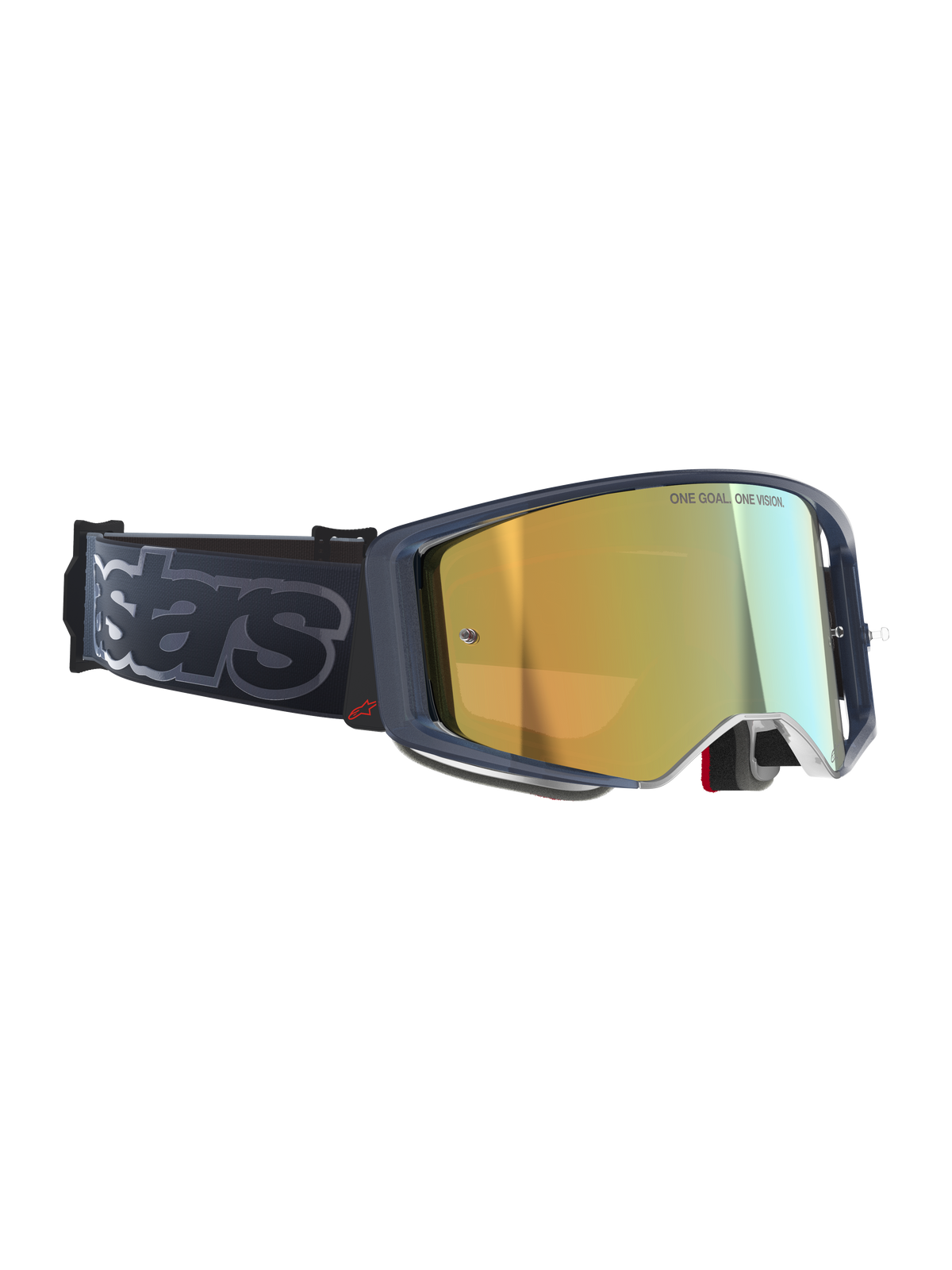 Gogle Alpinestars Supertech Vision Vista, gogle motocrossowe, kolor Black Mirror Gold, złota lustrzana szybka z napisem „ONE GOAL. ONE VISION.”, ciemna oprawka z czerwonym akcentem logo, szeroki czarny pasek z szarym brandingiem „stars”, profesjonalne gogle off-road