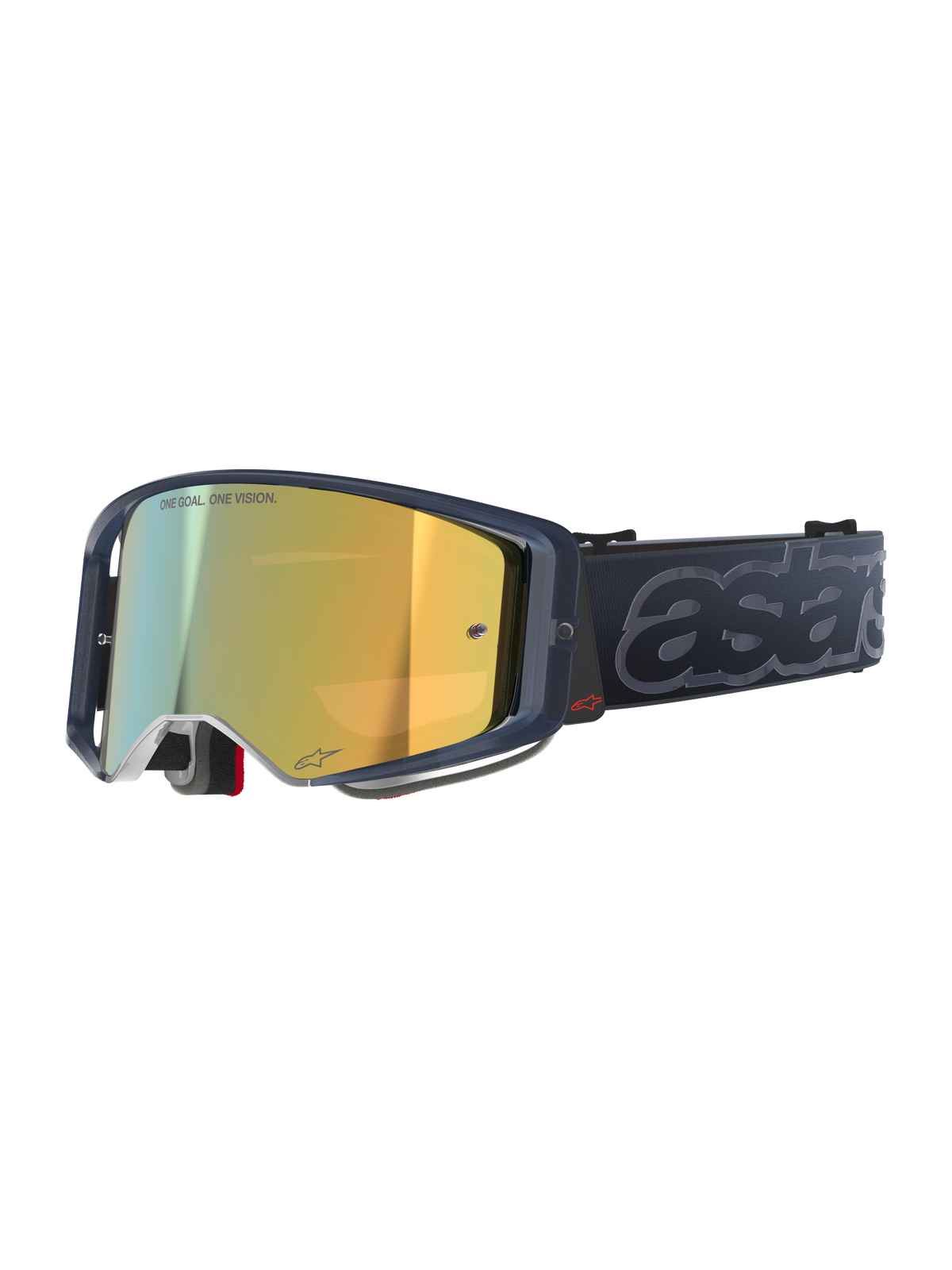 Gogle Alpinestars Supertech Vision Vista, gogle motocrossowe MX, kolorystyka Black Mirror Gold, ciemna półprzezroczysta oprawka, złota lustrzana szyba z napisem „ONE GOAL. ONE VISION.”, czarny pasek z dużym wytłoczonym szarym logo „astars”