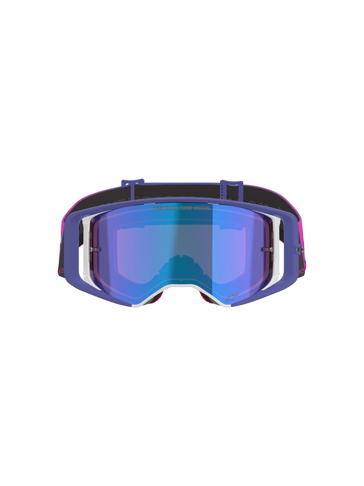 Alpinestars Supertech Vision Vista Goggles, gogle motocrossowe, fioletowy, neonowy róż i lustrzany niebieski, widok z przodu z lustrzaną niebieską soczewką, fioletowa ramka z białymi akcentami, jaskraworóżowy i czarny pasek z logo Alpinestars