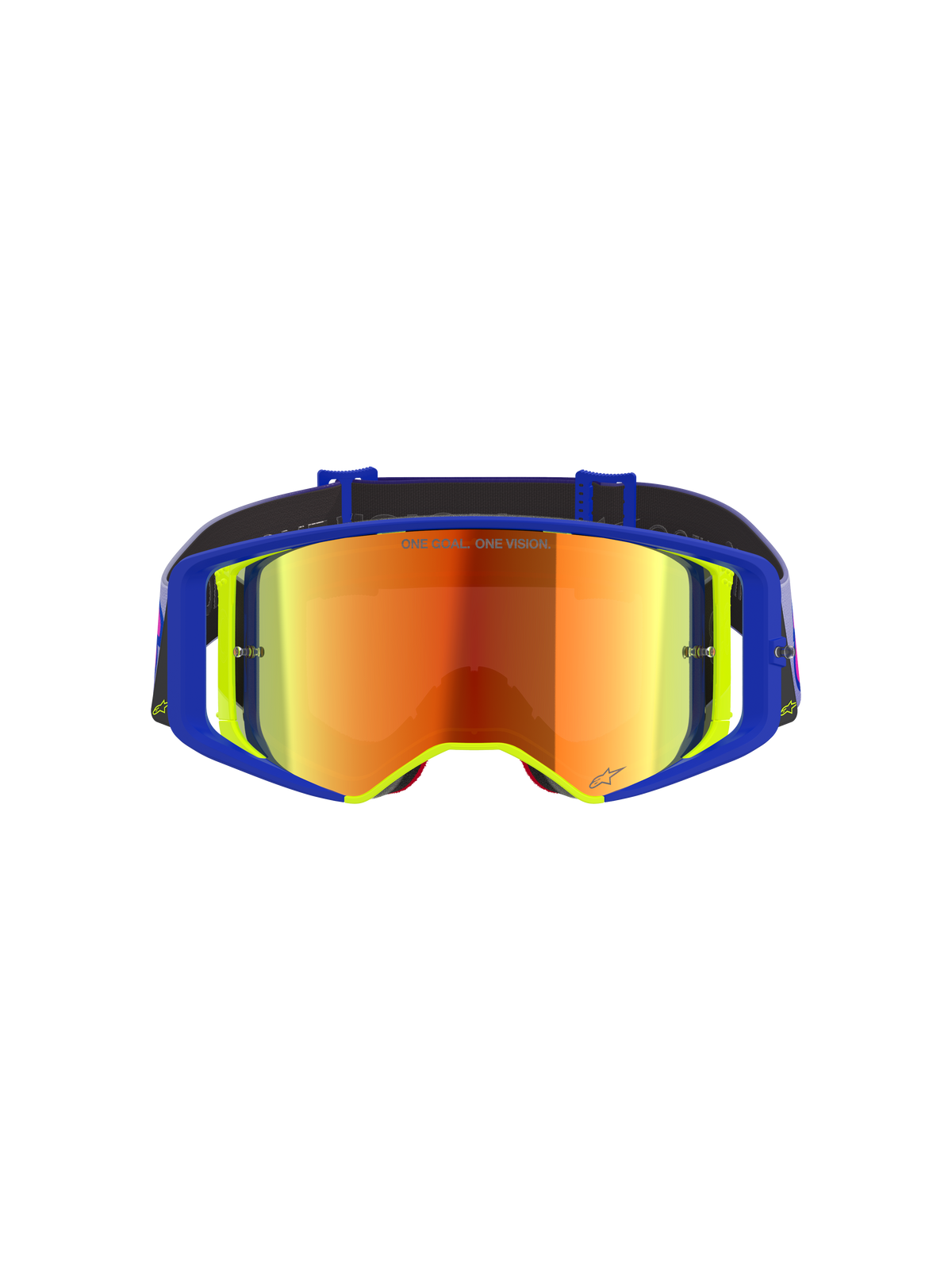 Gogle Alpinestars Supertech Vision Vista, gogle motocrossowe, niebiesko-żółta oprawka z lustrzaną czerwoną soczewką, fioletowe i pomarańczowe refleksy, napis „ONE GOAL. ONE VISION.” na soczewce, profesjonalne, wysokowydajne gogle off-road
