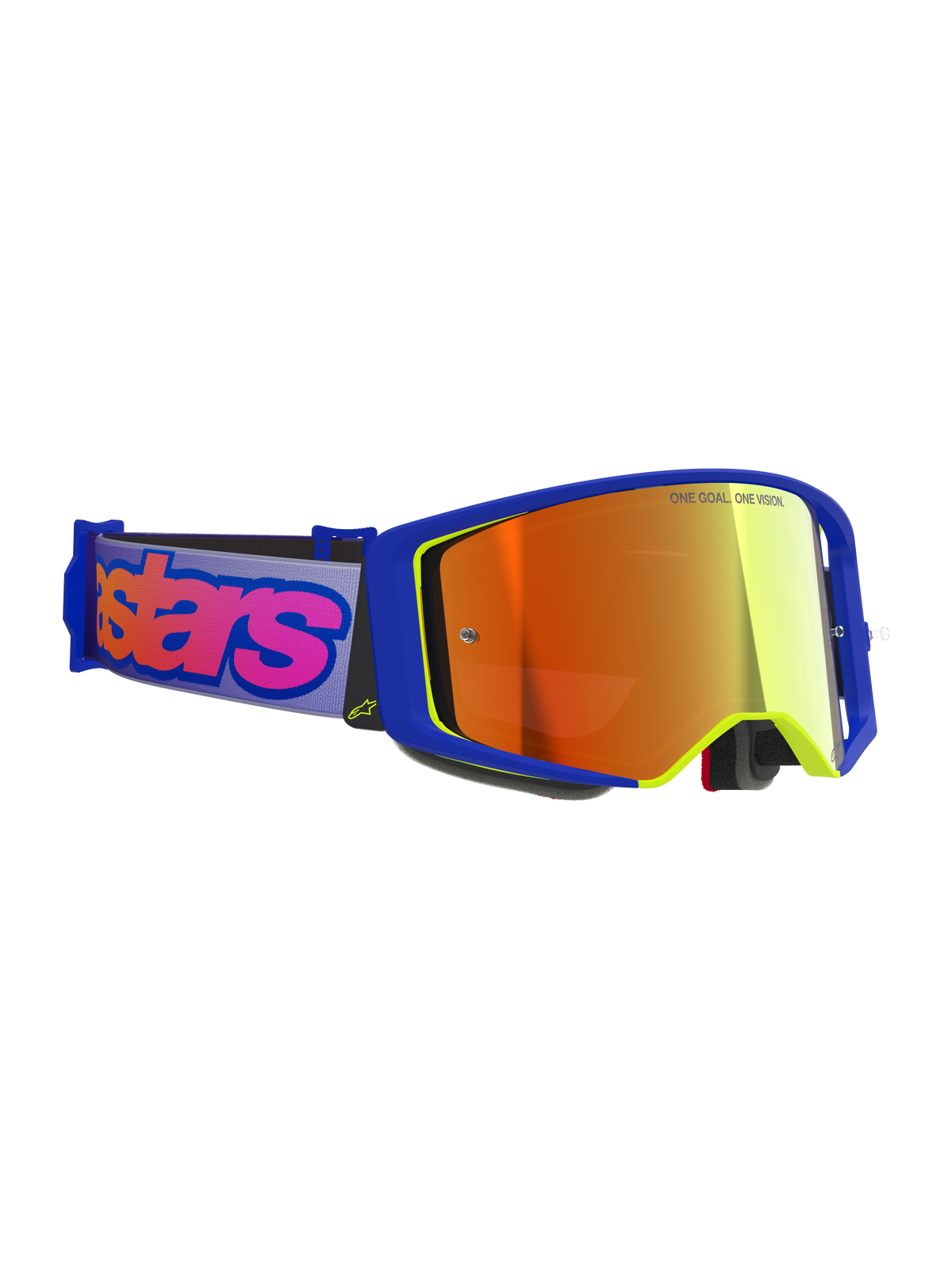 Alpinestars Supertech Vision Vista Goggles, gogle motocrossowe, niebiesko-żółta oprawka z czerwoną lustrzaną szybką, fioletowy pasek z wyrazistym różowym logo Alpinestars, profesjonalne gogle do jazdy off-road