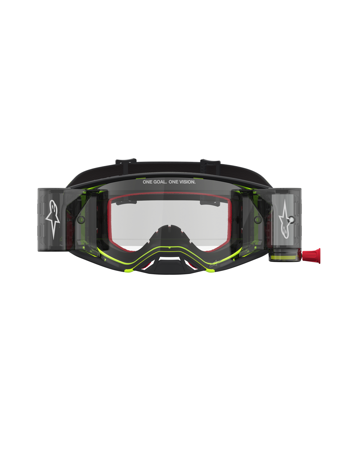 Gogle Alpinestars Supertech Firma Roll Off, czarne i żółte fluo, system roll-off, przezroczysta soczewka ochronna, motocross.