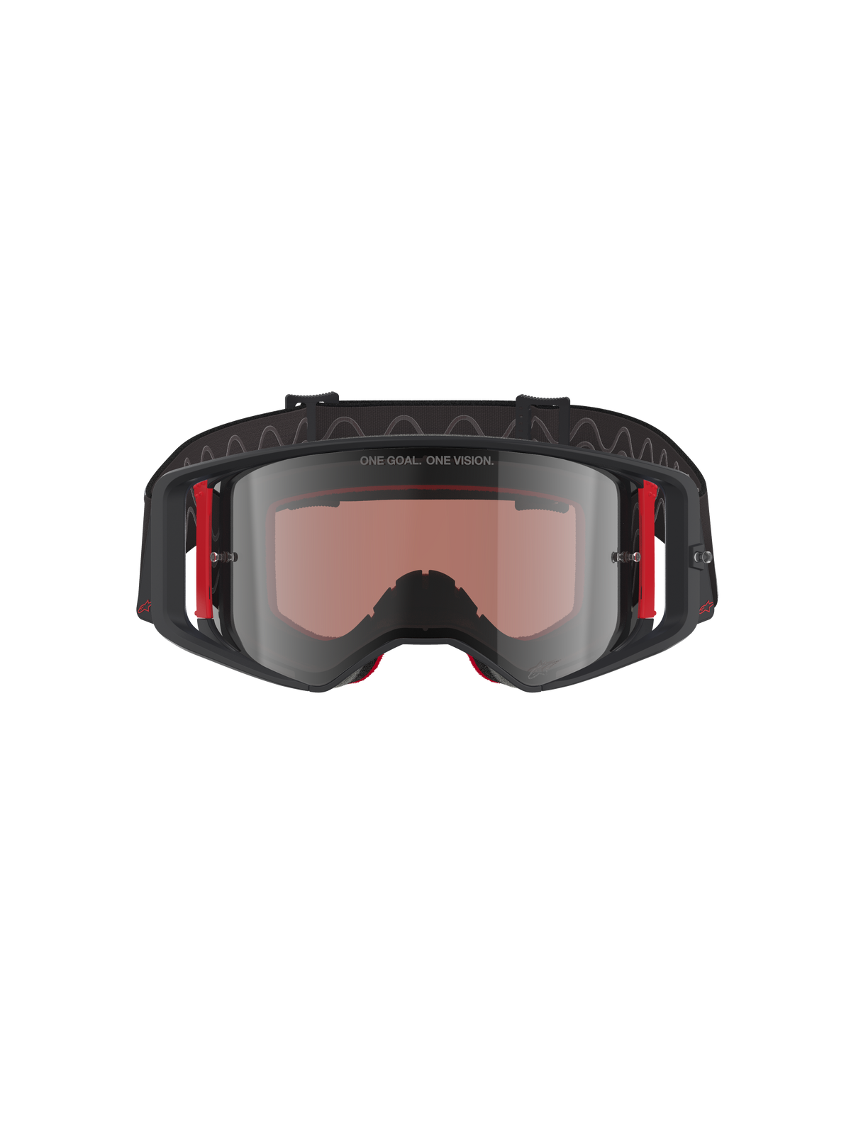 Gogle Alpinestars Supertech Corp Absolute Vision, gogle motocrossowe, czarno-czerwona oprawka ze srebrną lustrzaną szybką, z napisem „ONE GOAL. ONE VISION.” na górnej ramce i czerwonymi bocznymi akcentami, profesjonalna ochrona oczu do motocrossu