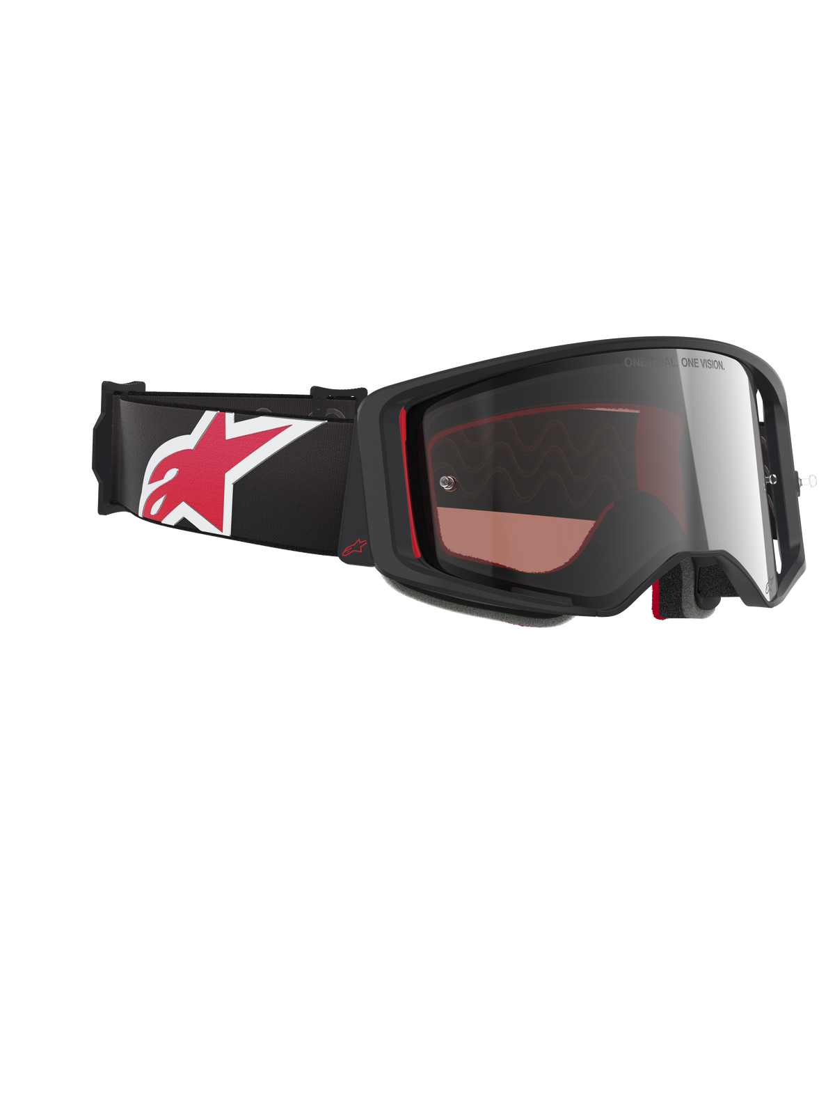 Alpinestars Supertech Corp Goggles Absolute Vision, gogle motocrossowe, czarno-czerwone ze srebrną lustrzaną szybką, profil pod kątem pokazujący czarny pasek z dużym czerwono-białym logo gwiazdy, smukła konstrukcja oprawki do jazdy off-road