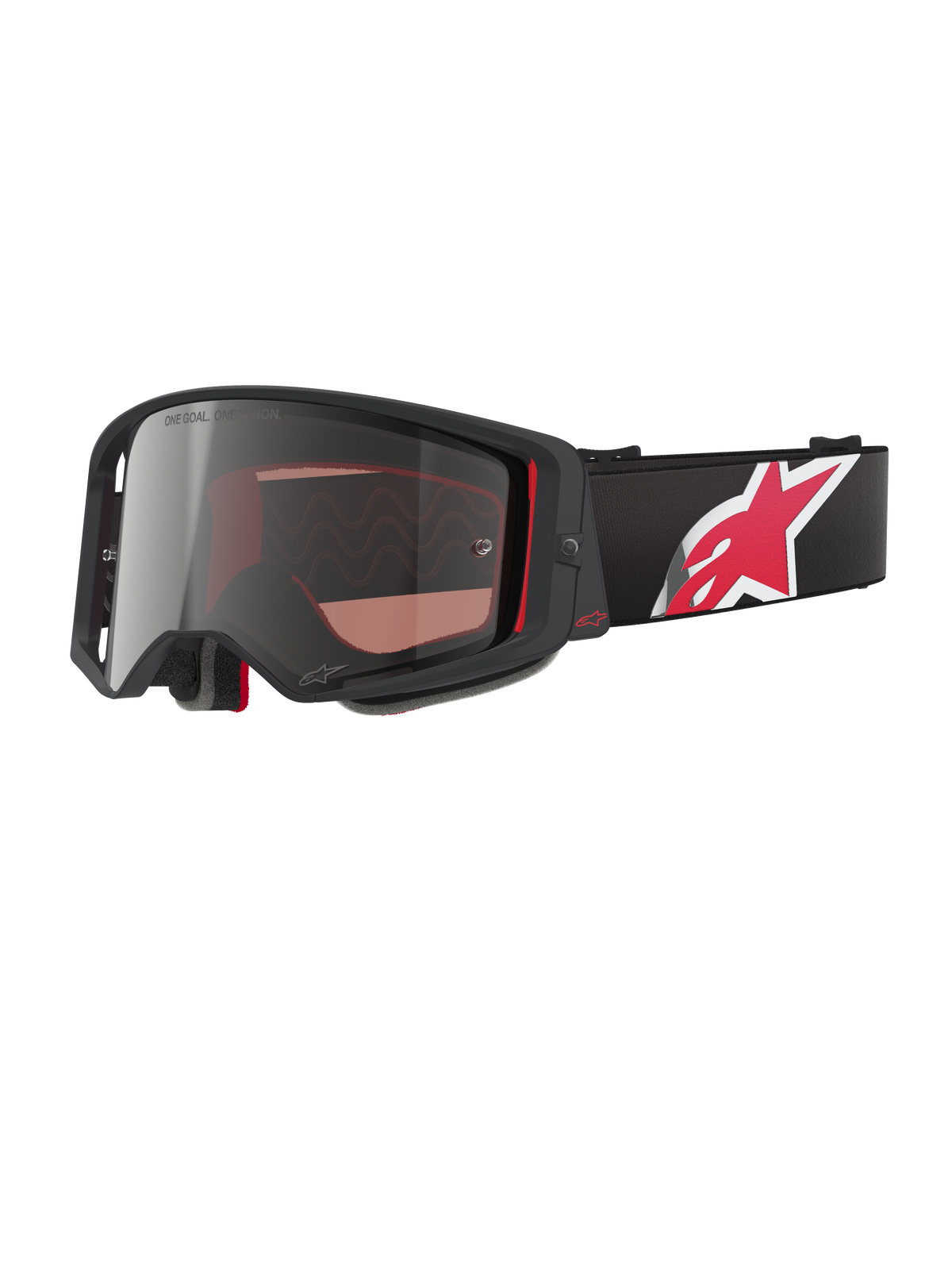 Alpinestars Supertech Corp Goggles Absolute Vision, gogle motocrossowe, czarno-czerwone ze srebrną lustrzaną soczewką, napis "ONE GOAL. ONE VISION.", czarny pasek z dużym czerwono-białym logo gwiazdy, kanciasta oprawka z piankowym wyściełaniem, profesjonalna ochrona oczu off-road