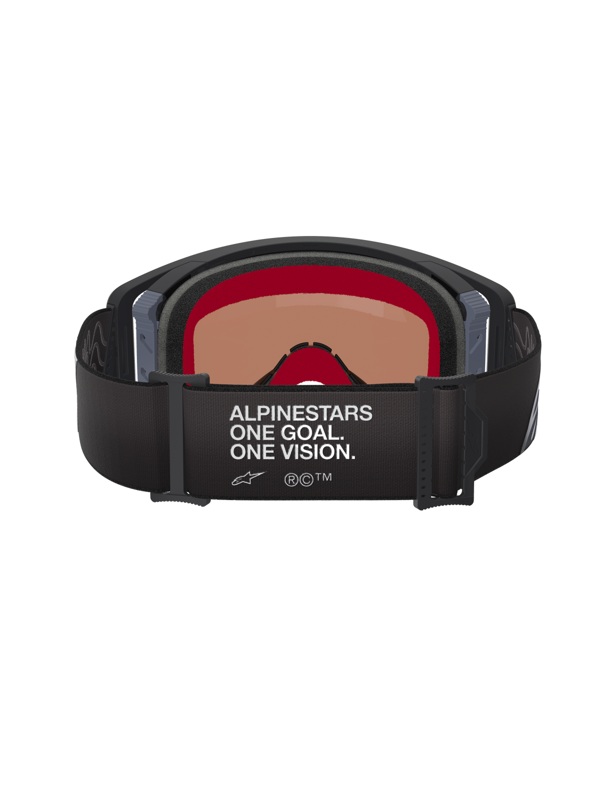 Alpinestars Supertech Corp Goggles Absolute Vision, gogle motocrossowe, czarno-szare, widok z tyłu przedstawiający czarny regulowany pasek z białym napisem „ALPINESTARS ONE GOAL. ONE VISION.”, soczewka o ciepłym odcieniu i wielowarstwowa pianka do twarzy