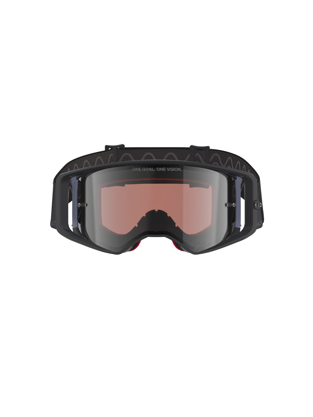 Alpinestars Supertech Corp Goggles Absolute Vision, gogle motocrossowe, czarno-szare ze srebrnym lustrzanym wizjerem, z napisem „ONE GOAL. ONE VISION.” na soczewce, szerokokątna soczewka poliwęglanowa, profesjonalna ochrona oczu do jazdy terenowej