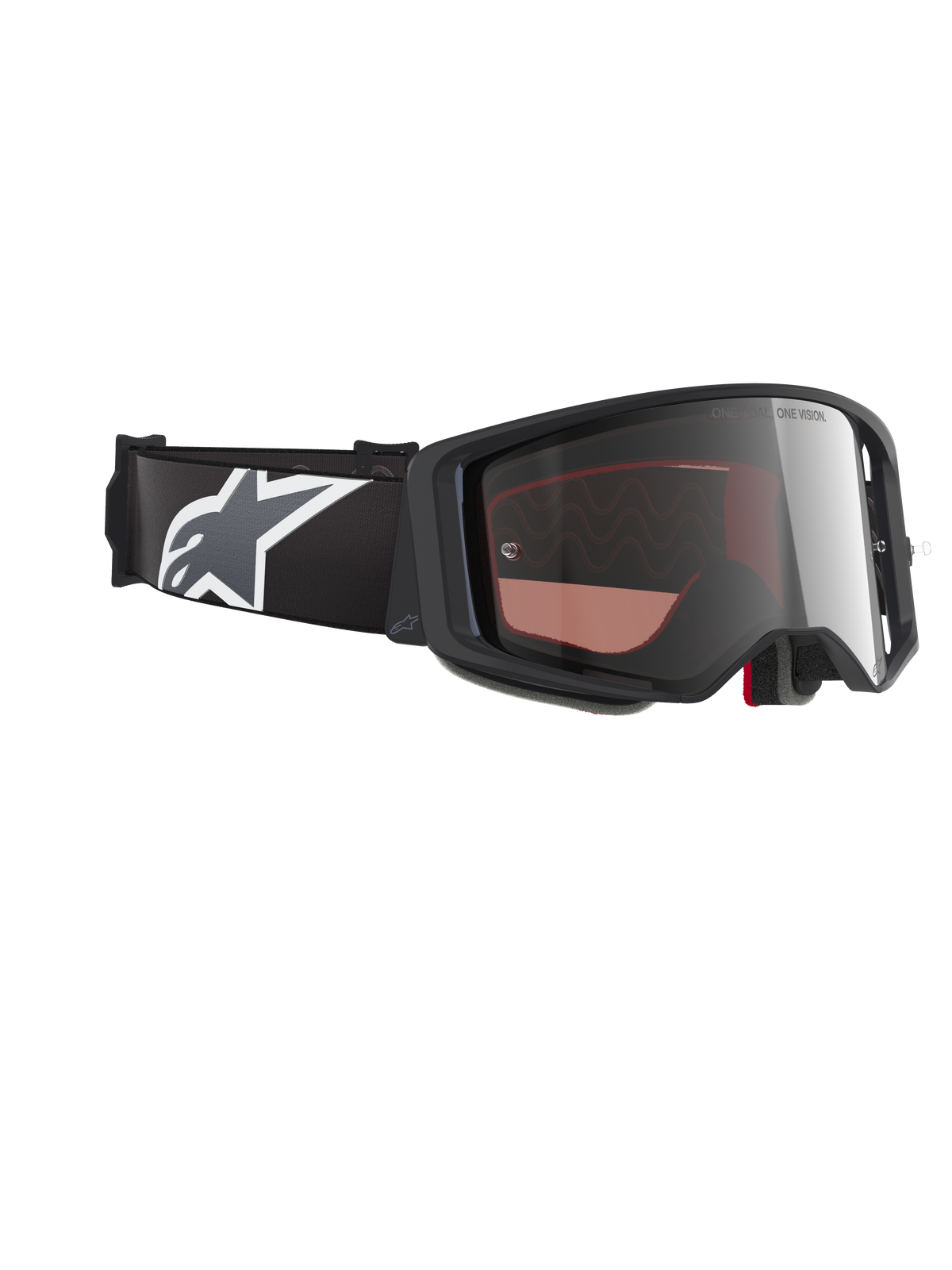 Alpinestars Supertech Corp Goggles Absolute Vision, gogle motocrossowe, czarno-szara oprawka ze srebrną lustrzaną soczewką, szeroki czarny pasek z biało-szarym logo Astars, wyczynowe gogle do jazdy off-road