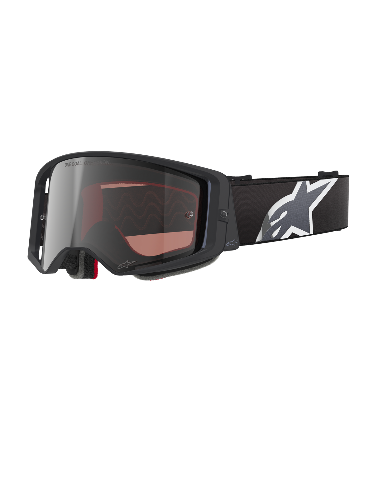 Alpinestars Supertech Corp Goggles Absolute Vision, gogle motocrossowe, czarne i szare ze srebrnymi lustrzanymi soczewkami, kanciasta oprawka, regulowany czarny pasek z wyraźnym białym logo gwiazdy, wielowarstwowa pianka zapewniająca komfort w terenie
