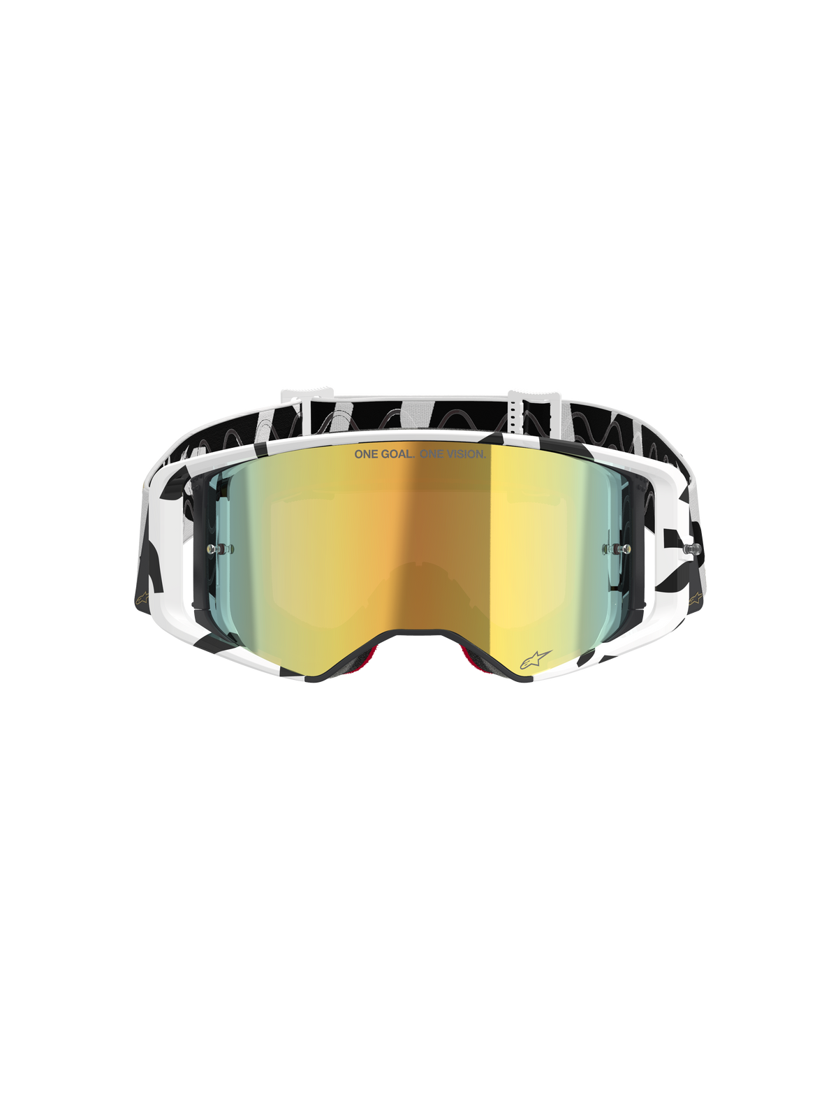 Gogle Alpinestars Supertech Corp Absolute Vision, gogle motocrossowe, biało-złote lustrzane, z czarno-białą grafiką na oprawce i pasku, złota lustrzana soczewka z napisem „ONE GOAL. ONE VISION.”, zaawansowane gogle off-road