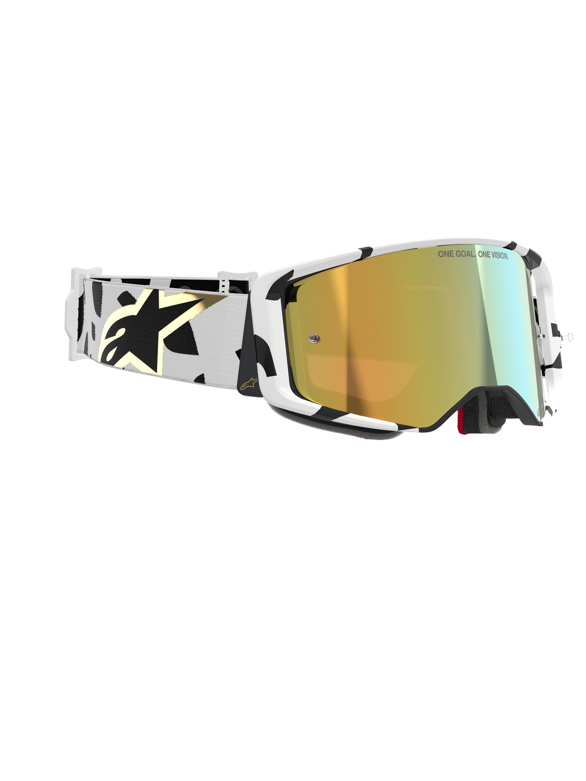 Alpinestars Supertech Corp Goggles Absolute Vision, gogle motocrossowe, biała oprawka z czarnymi wzorami graficznymi, złota lustrzana soczewka, biało-czarny pasek ze złotym logo Alpinestars, wysokiej klasy ochronne gogle wyścigowe
